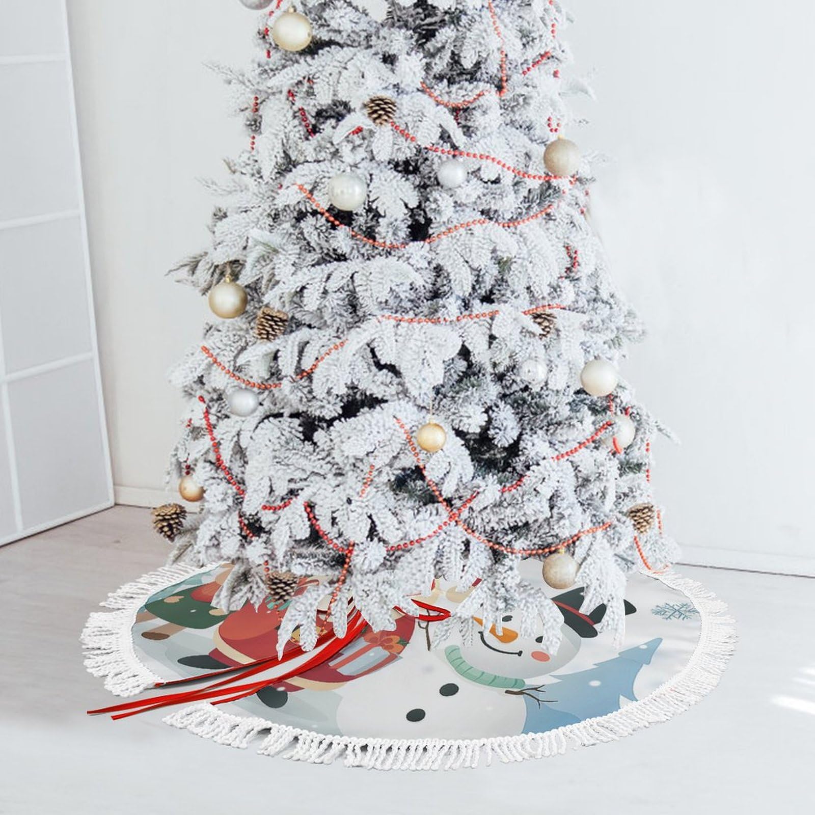 Jupe d'arbre de Noël brodée 48 pouces motif élan et bonhomme de neige
