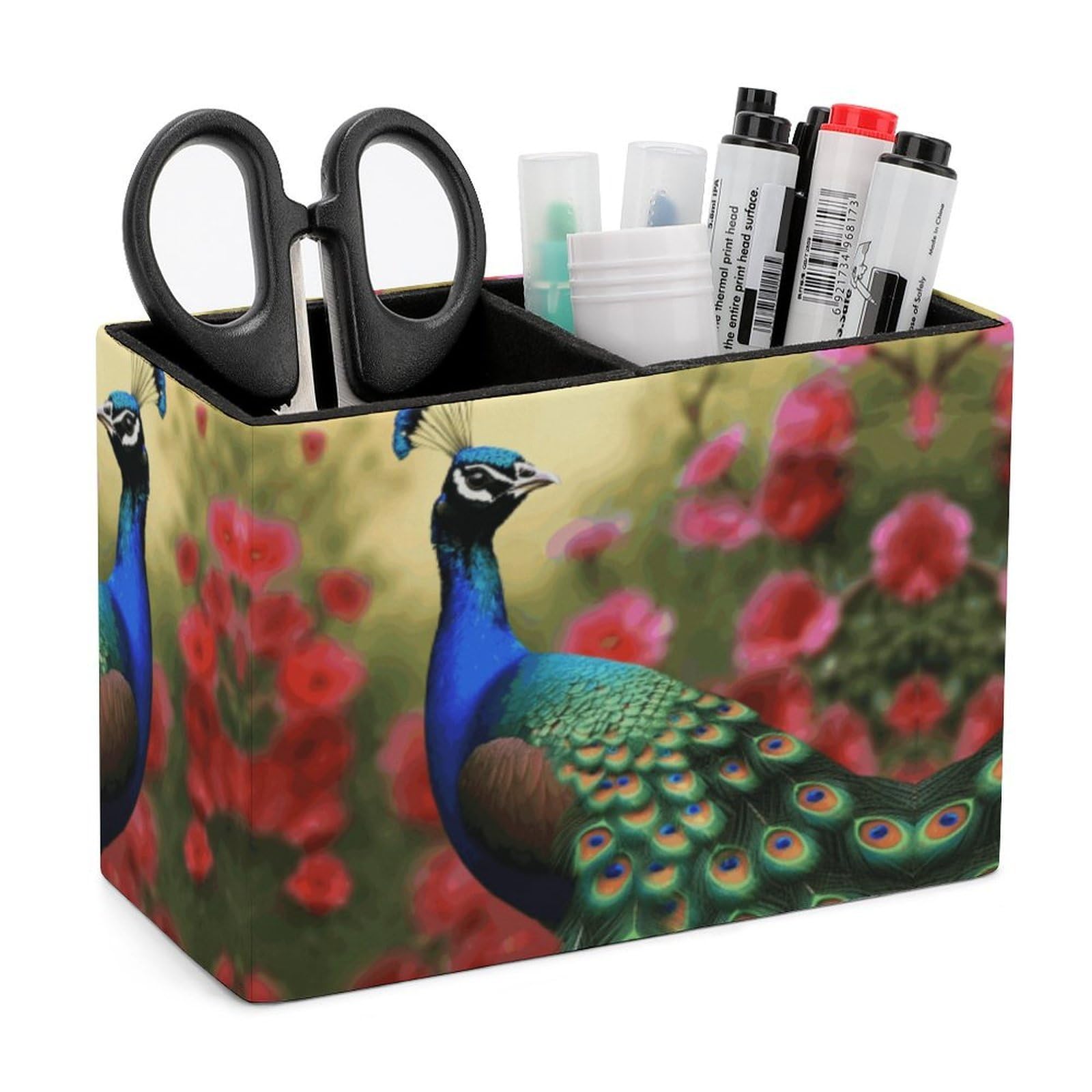LZQPOEAS Exquisite Patterns PU Leather Pen Holder, Multifunctional Desktop Organizer Caddy with 2 Compartments, Peacock Flowers Pencil Cup Makeup Brush Holder for Office Home