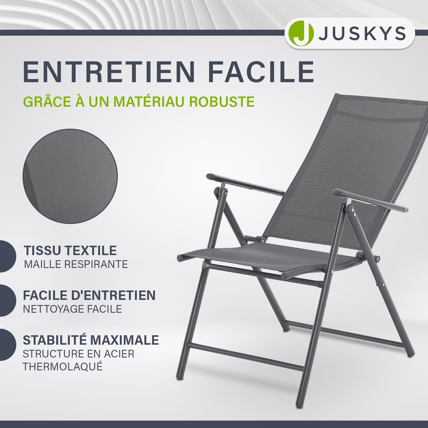Juskys Chaise de Jardin Calena - Lot de 2 - Dossier 7 Positions, Pliable - Structure Acier thermolaqué, Tissu Respirant & Confortable