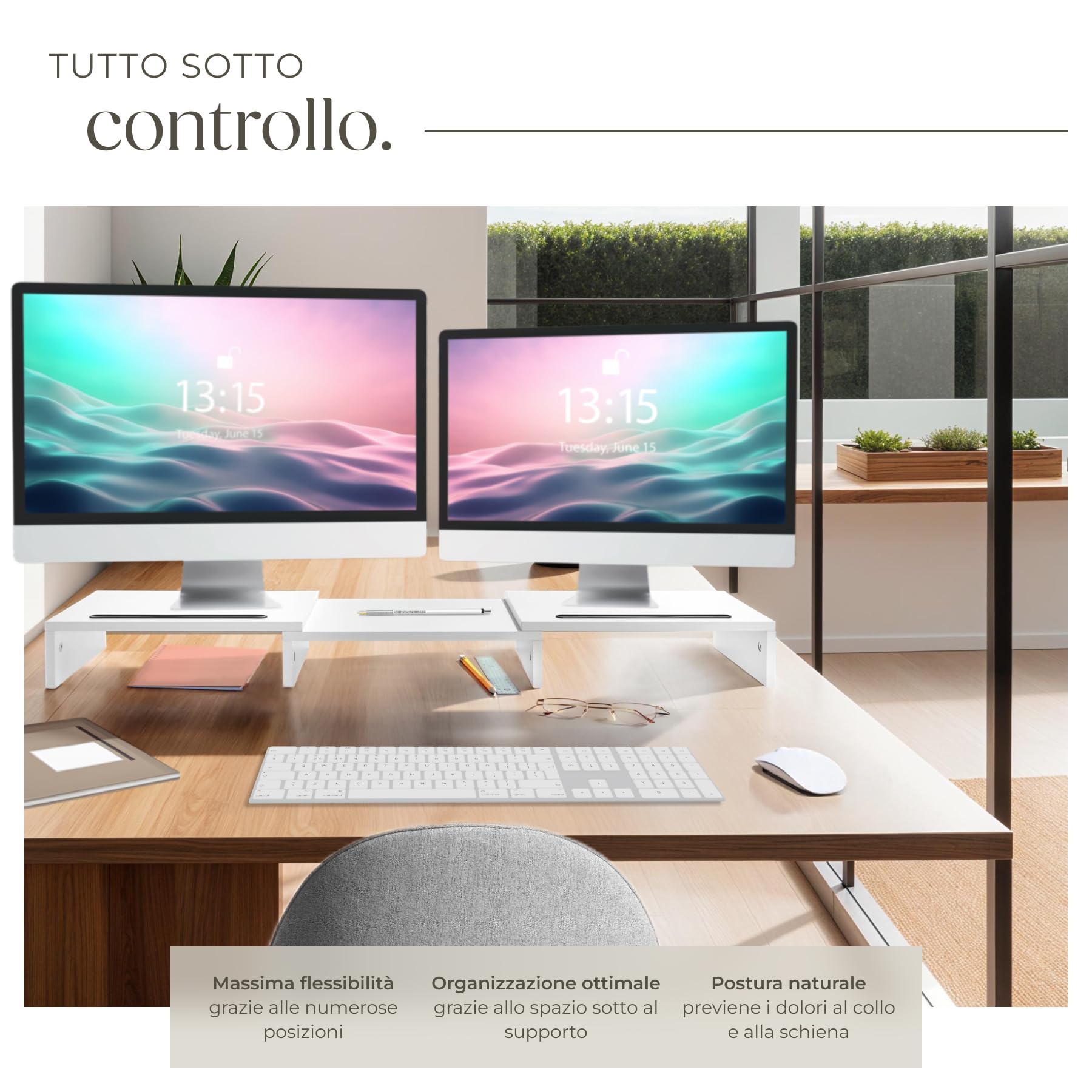 tectake® Supporto Monitor a 3 Pezzi, Rialzo Monitor Design Ergonomico, Supporto per Monitor con Parti Regolabili e Girevoli, Spazio per Accessori, 2 Supporti per Smartphone - Bianco