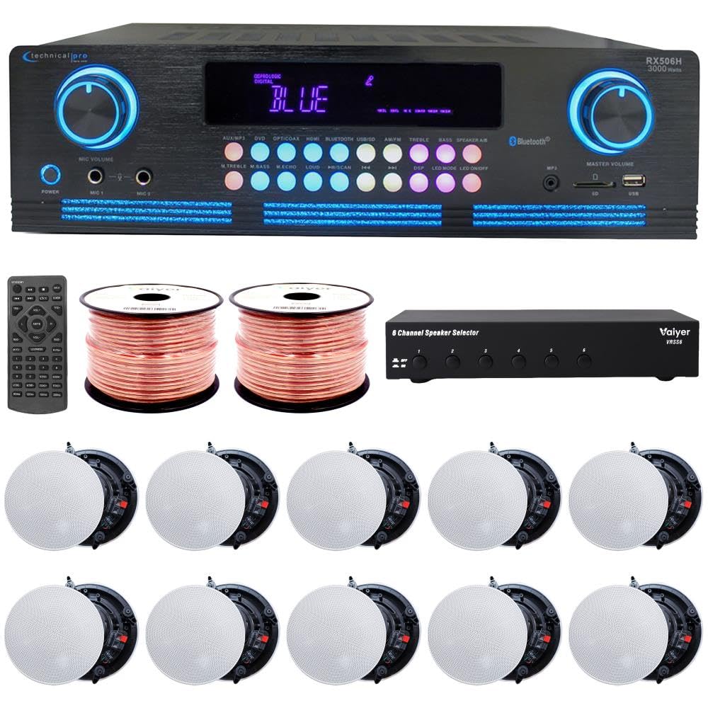 Vaiyer Home Audio System Kit - 2000 W Bluetooth Amplifier w/ 10 Qty of 6.5" Frameless Ceiling Speakers 200 W Each, 6-Ch Speaker Selector, 500 ft Speaker Wire &amp; Remote for Home, Office, Restaurant