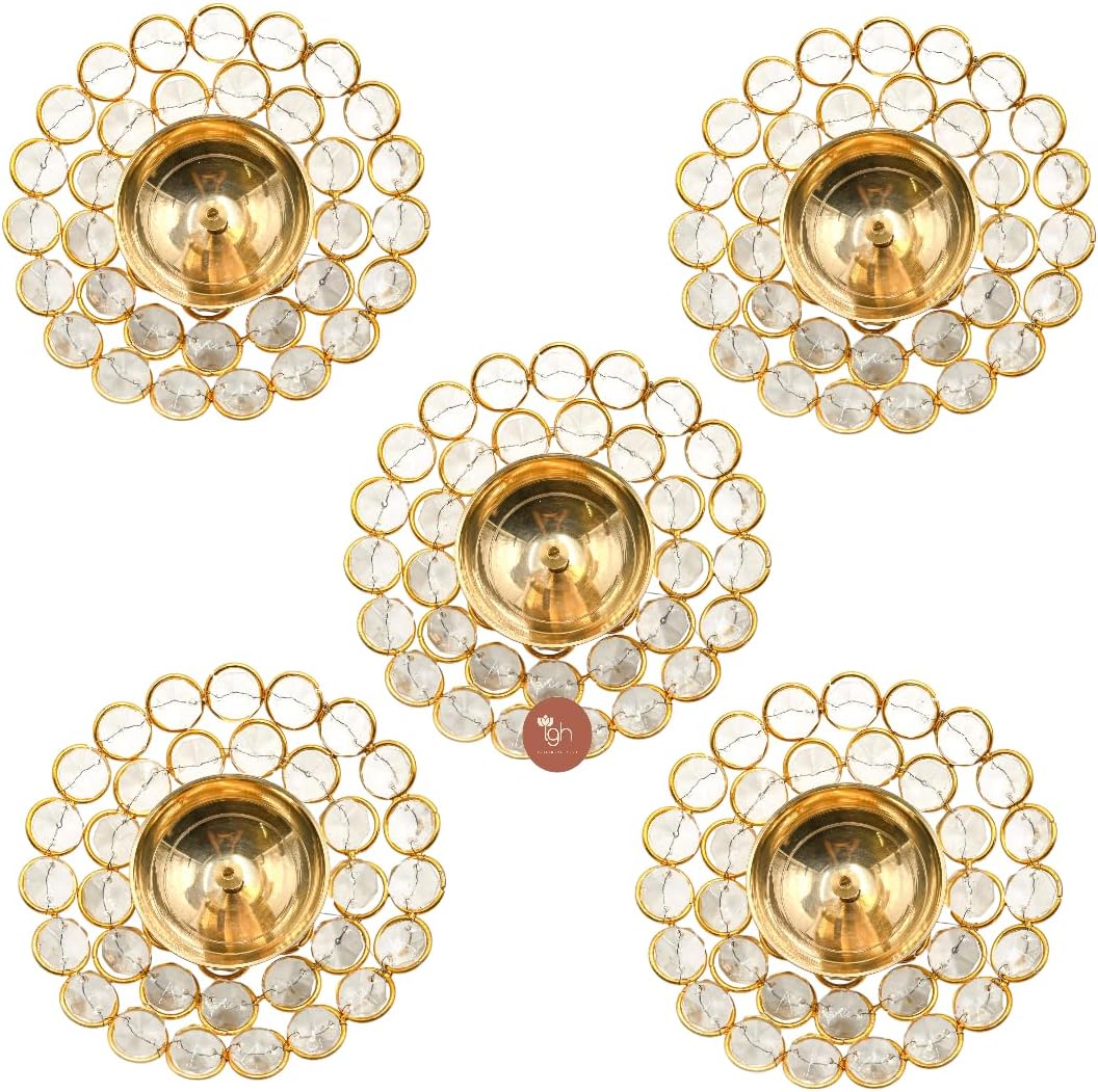 Set of 6 Crystal Akhand Diya for Pooja Decorative Oil Puja Brass Lamp for Temple Home Diwali Decor Gifts