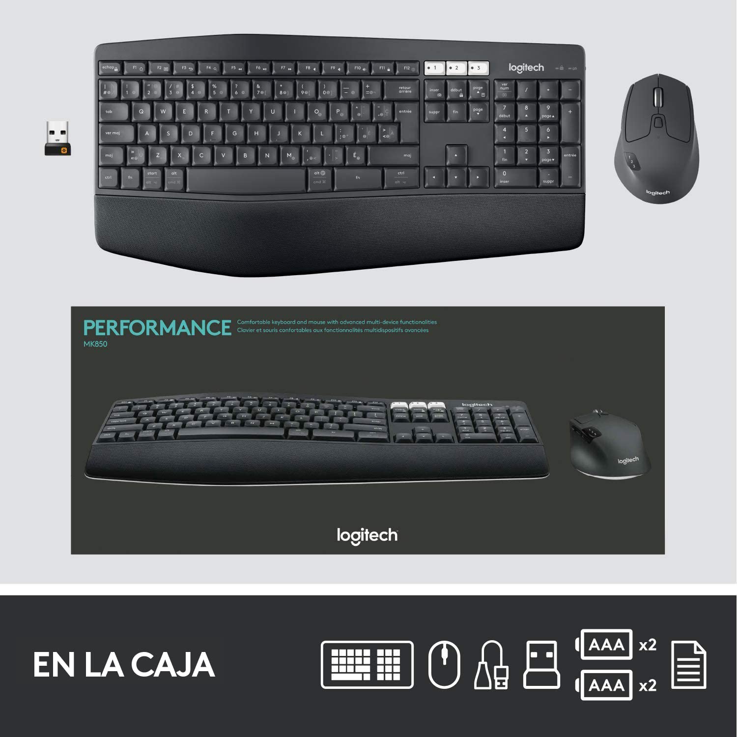 Logitech MK850 Combo Teclado y Ratón Multidispositivo, 2,4 GHz/Bluetooth, Estructura Curvada, Ratón Inalámbrico, 12 Botones Programables, Batería de 3 Años, PC/Mac, Disposición QWERTY Español - Negro