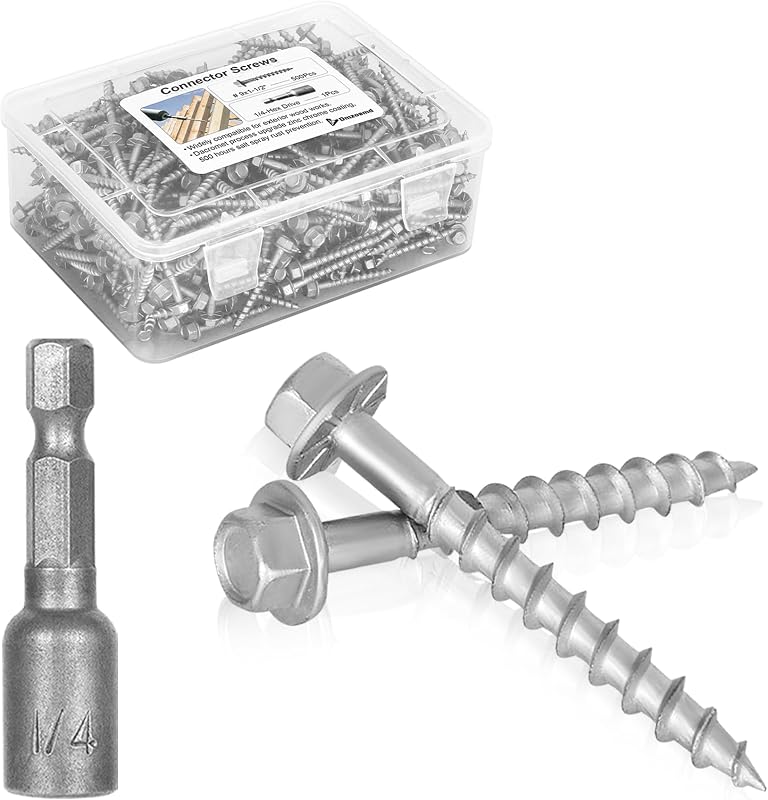 Upgrade #9 x 1-1/2" Joist Hanger Screws 500 PCS, 1/4" Hex Head & 0.370"-Dia | Heavy-Duty Connector Screw Compatible SD9112R500 and 10D Nails, Dacromet Prem-Galvanized Coating & 1500 Hours Salt Spray Test