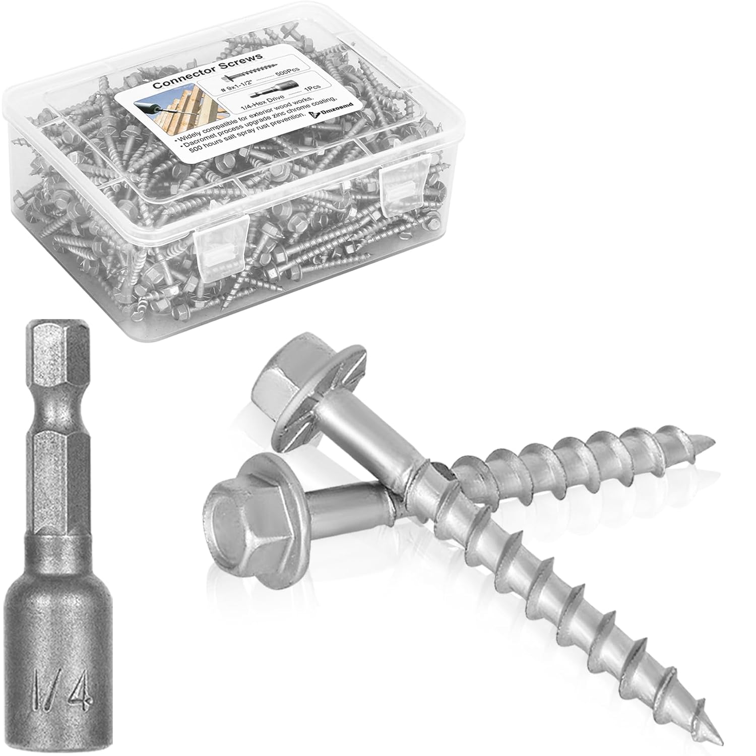 Upgrade #9 x 1-1/2" Joist Hanger Screws (500 PCS), 1/4" Hex Head with 0.370"-Dia Heavy-Duty Connector Screw Compatible SD9112R500 and 10D Nails, Dacromet Coating & 1500 Hours Salt Spray Test
