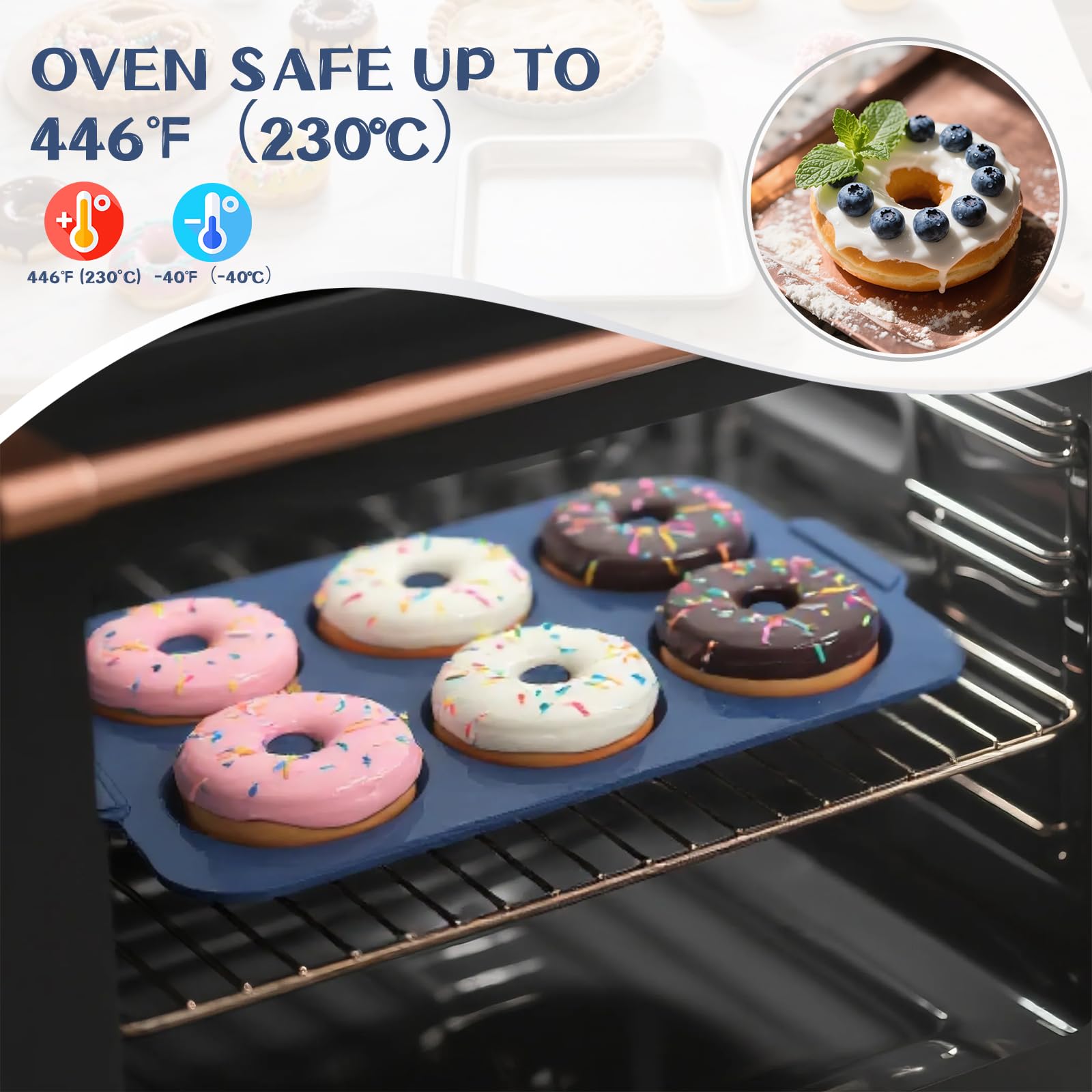Molde de donas de silicona antiadherente: Sartén para donas de 3.5 pulgadas con marco de metal, moldes de silicona para hornear sin gluten glaseados de proteína vegana donas bagel - para horno 8