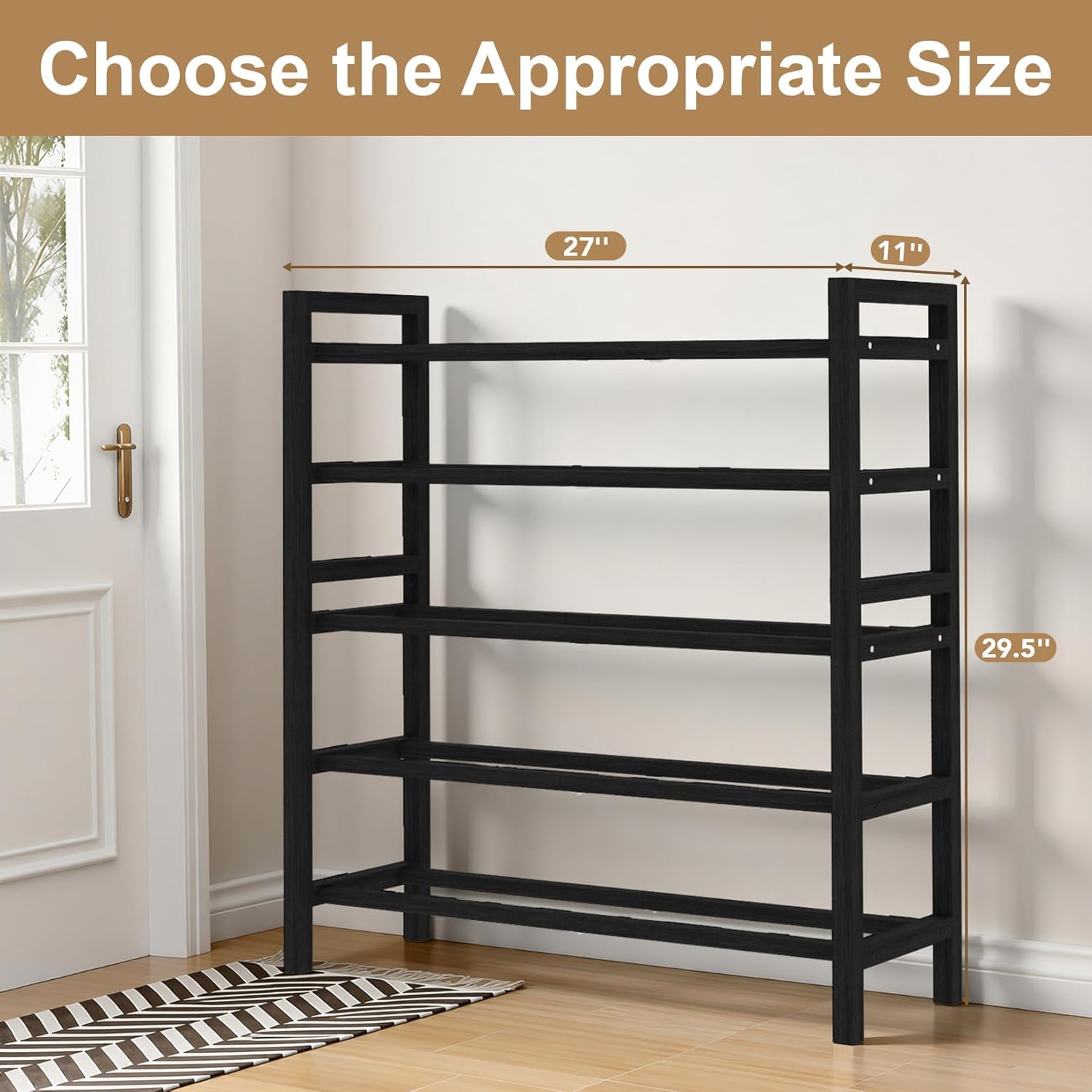 Haddockway Bamboo Shoe Rack for Closet, Free Standing Shoe Organizer with Smooth Round Rods & Convenient Handles, Stackable Shoe Storage Shelf for Entryway, Hallway(Black, 5-Tier)