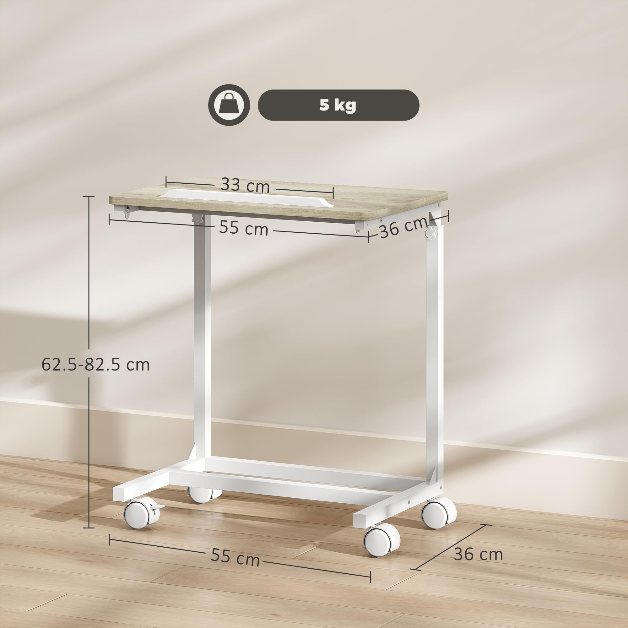 HOMCOM Tavolino Salotto ad Altezza Regolabile con Piano Inclinabile e 4 Ruote, Tavolino Porta PC in Legno e Metallo, Tavolino Laterale per Camera da Letto e Soggiorno, 55x36x62.5-82.5 cm, Rovere