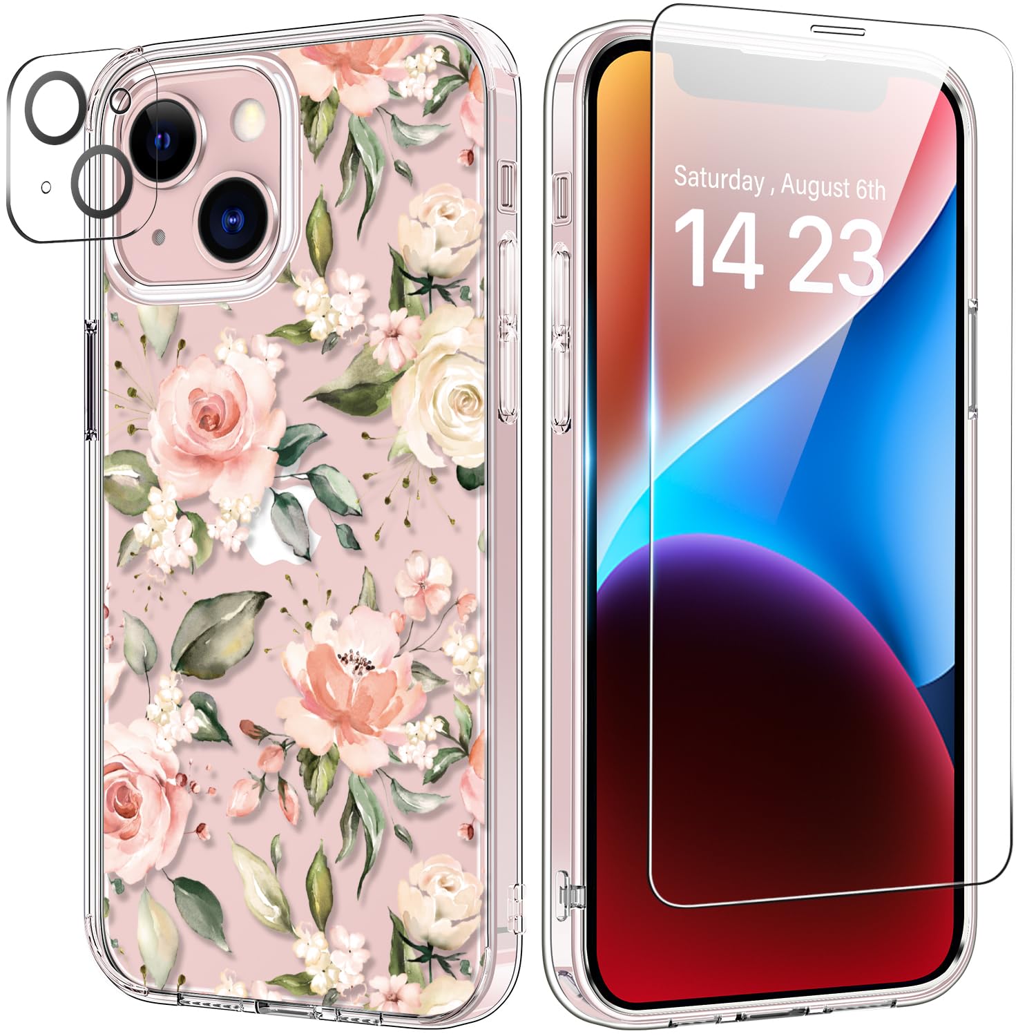 bicol for iPhone 13 Mini Case with Screen and Camera Lens Protector - Fashionable Flower Floral Designs for Women Girls - Shockproof Acrylic Clear Phone Cover 5.4"- Champagne Flowers
