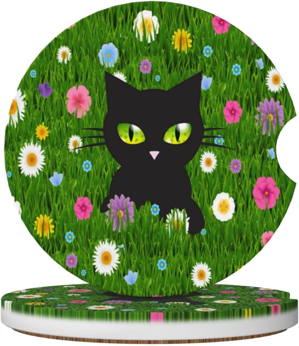Black Cat Flower Car Cup Holder Coaster 2 Pack Absorbent Ceramic Car Coasters for Cup Holders Car Accessories Interior for Women Men Universal Anti Slip Cork Base Cup Coasters with Finger Notch