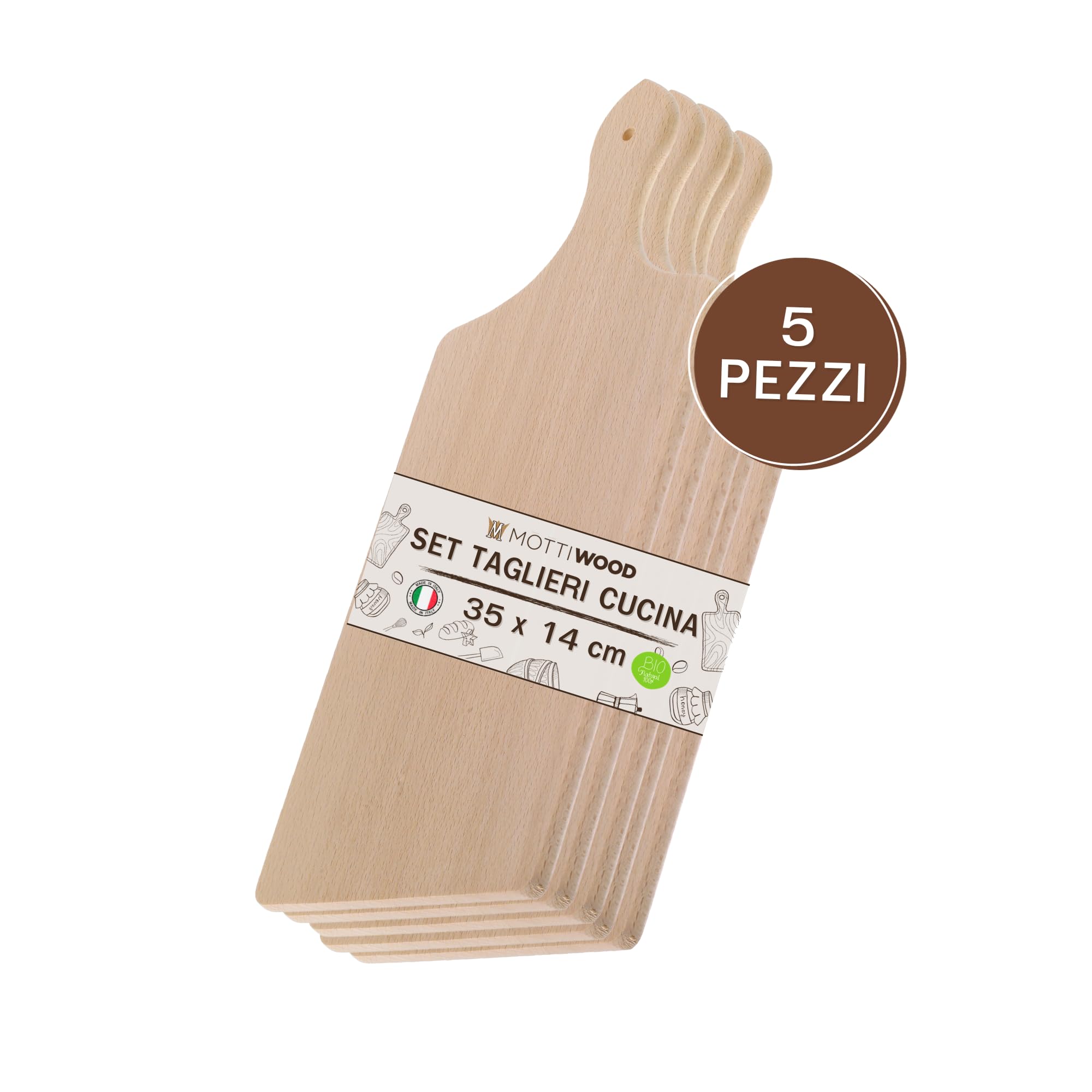 Juego de 5 tablas de cortar de cocina con asa, 100% madera de haya, perfecto para cortar y servir, dimensiones 35 x 14 x 1 cm, alta resistencia, fabricado en Italia