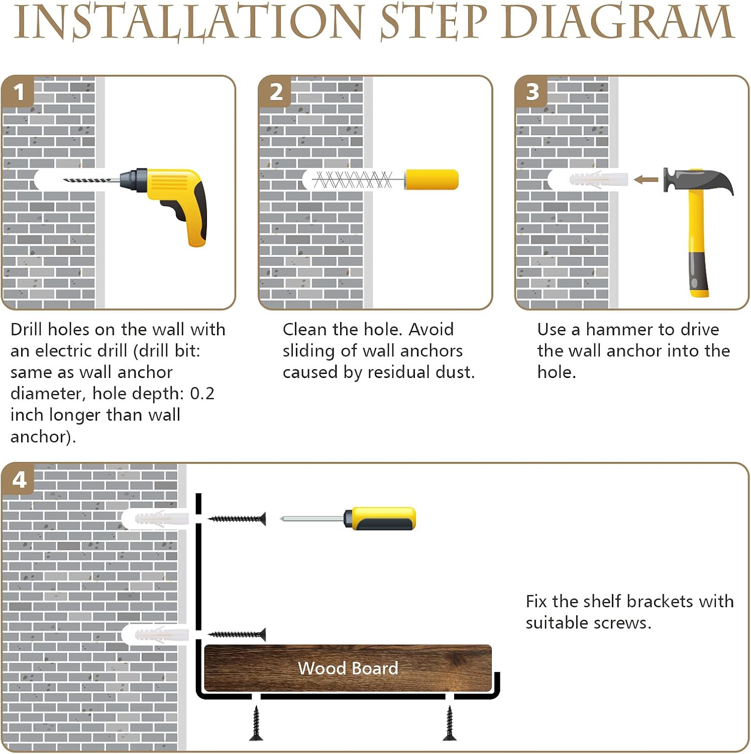 Shelf Brackets for 12 Inch Shelves, Heavy Duty Shelving Brackets with Lips, Metal J Black Shelf Bracket Support 11.25" Board, Industrial Shelf Wall Brackets with Hardware for DIY Open Shelving- 6 Pack: Home Improvement