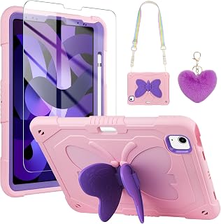 for iPad Air 5th Generation Case iPad Pro 11 Inch Case 4th/3rd/2nd/1st with Screen Protector/Butterfly Kickstand/Strap/Keychain/Pencil Holder for Kids Girls Case for iPad Air 4 Pink Purple
