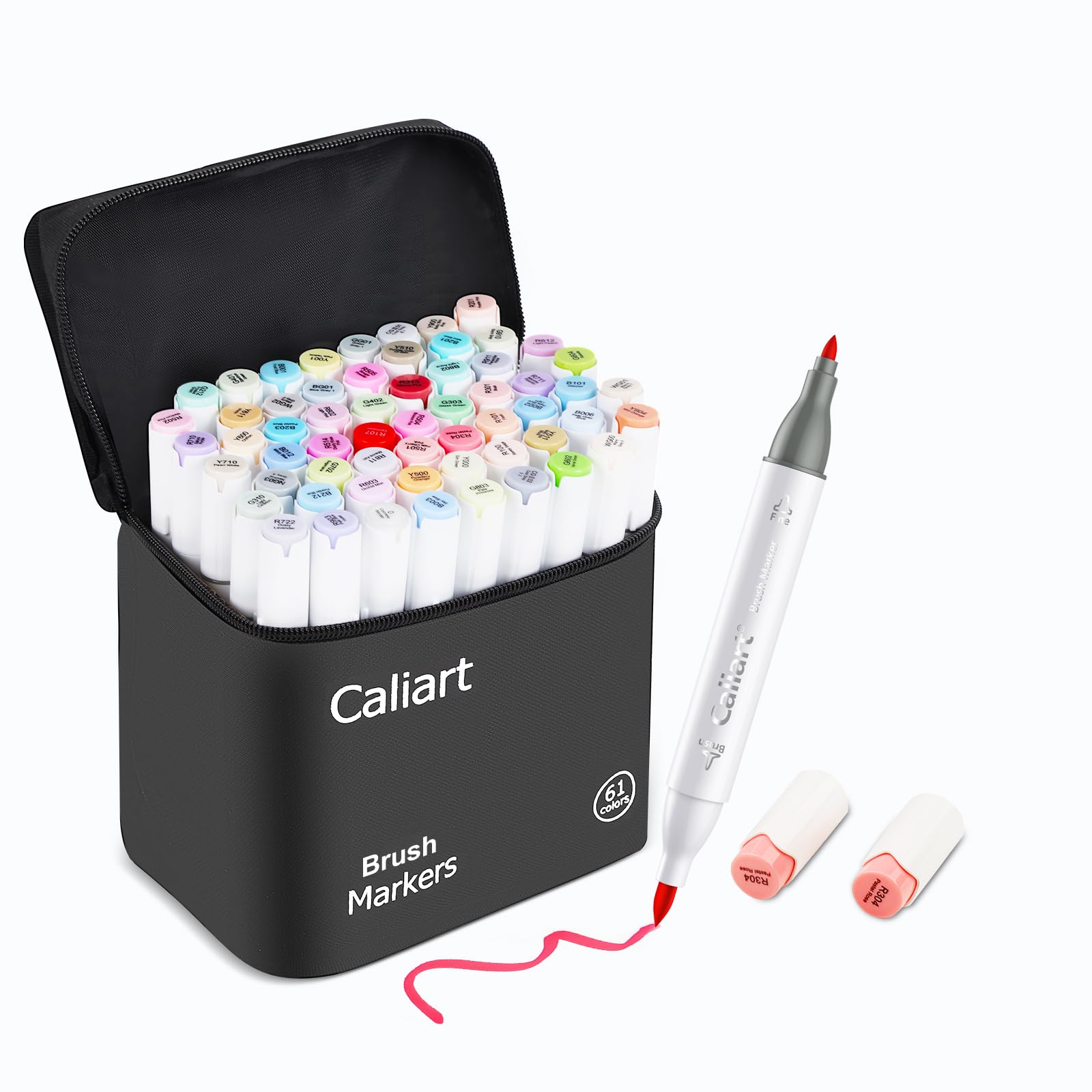 Caliart Alcohol Markers Brush Tip 61 Colors Pastel Coloring Marker Set Dual Tip Fine Brush with Case Permanent