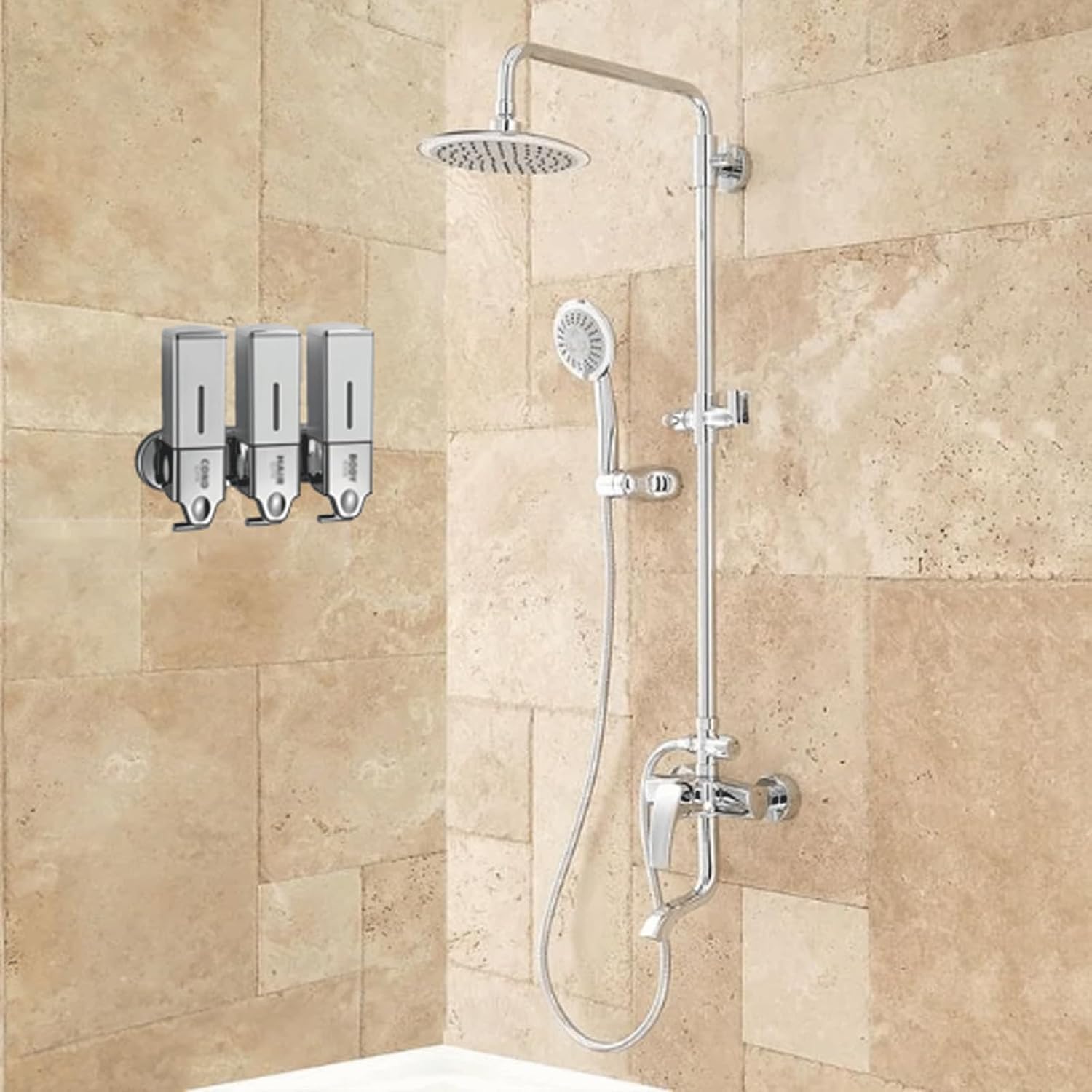 Dispenser di Sapone per Doccia A Parete Quadrato A 3 Camere - Dispenser di Liquido Senza Trapano per Doccia - Accessorio per Bagno Moderno, Silver-2