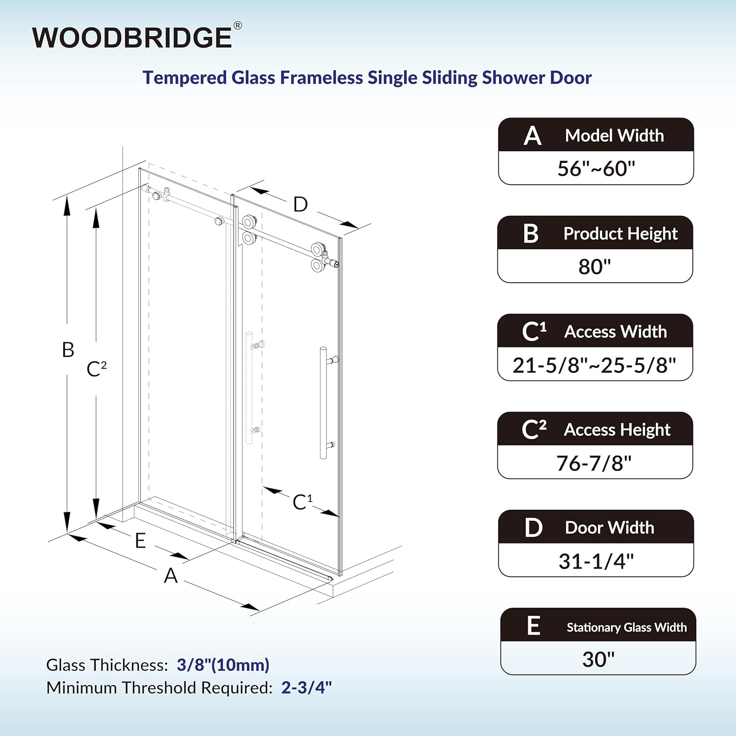 Woodbridge 56-60" W x 80" H Frameless Single Sliding Shower Door with Double Rollers,3/8(10mm) Tempered Glass with Explosion Proof Film in Chrome Finish
