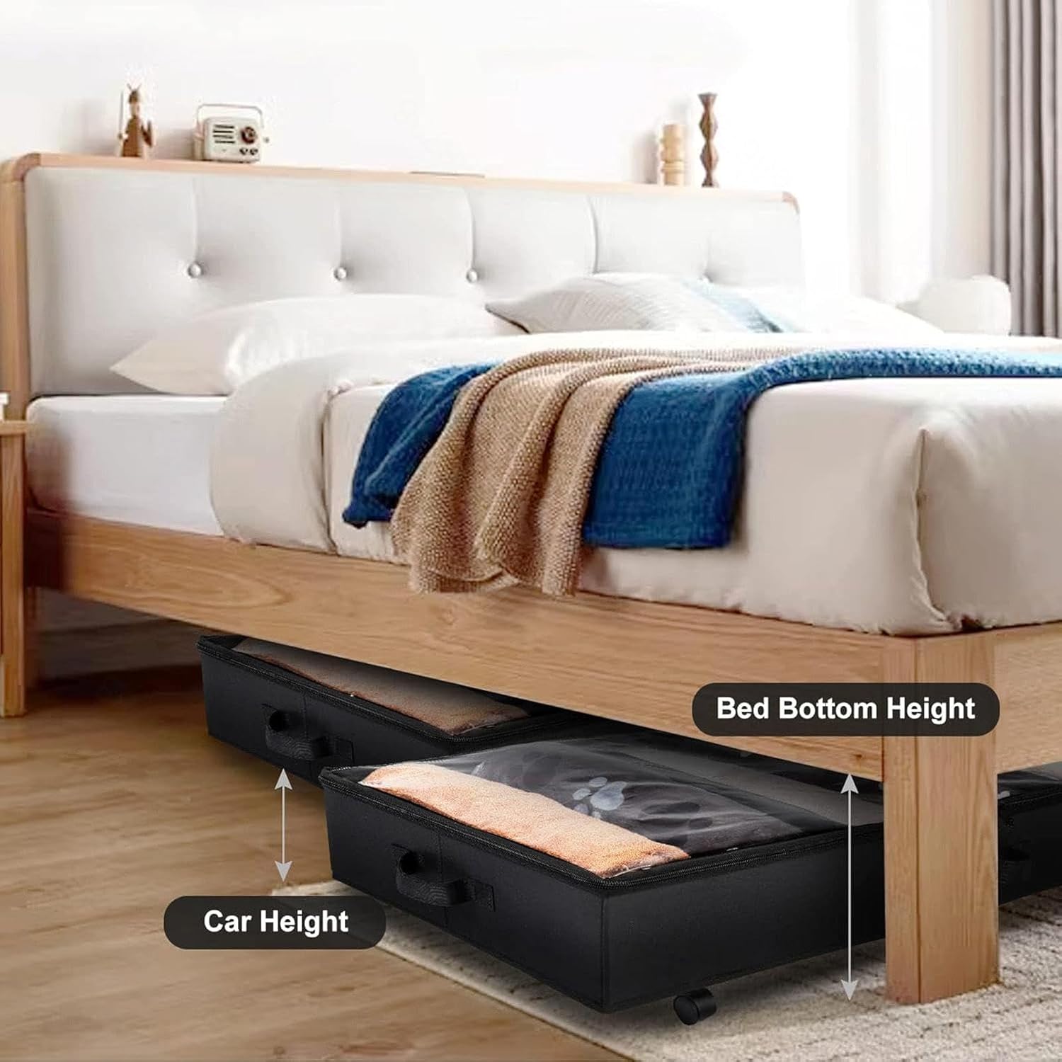 Under Bed Storage with Wheels 2 Pack,Foldable Under Bed Storage Containers with Clear Lid and Handles,Under Bed Storage Metal Drawer for Clothes,Shoes,Blankets,B