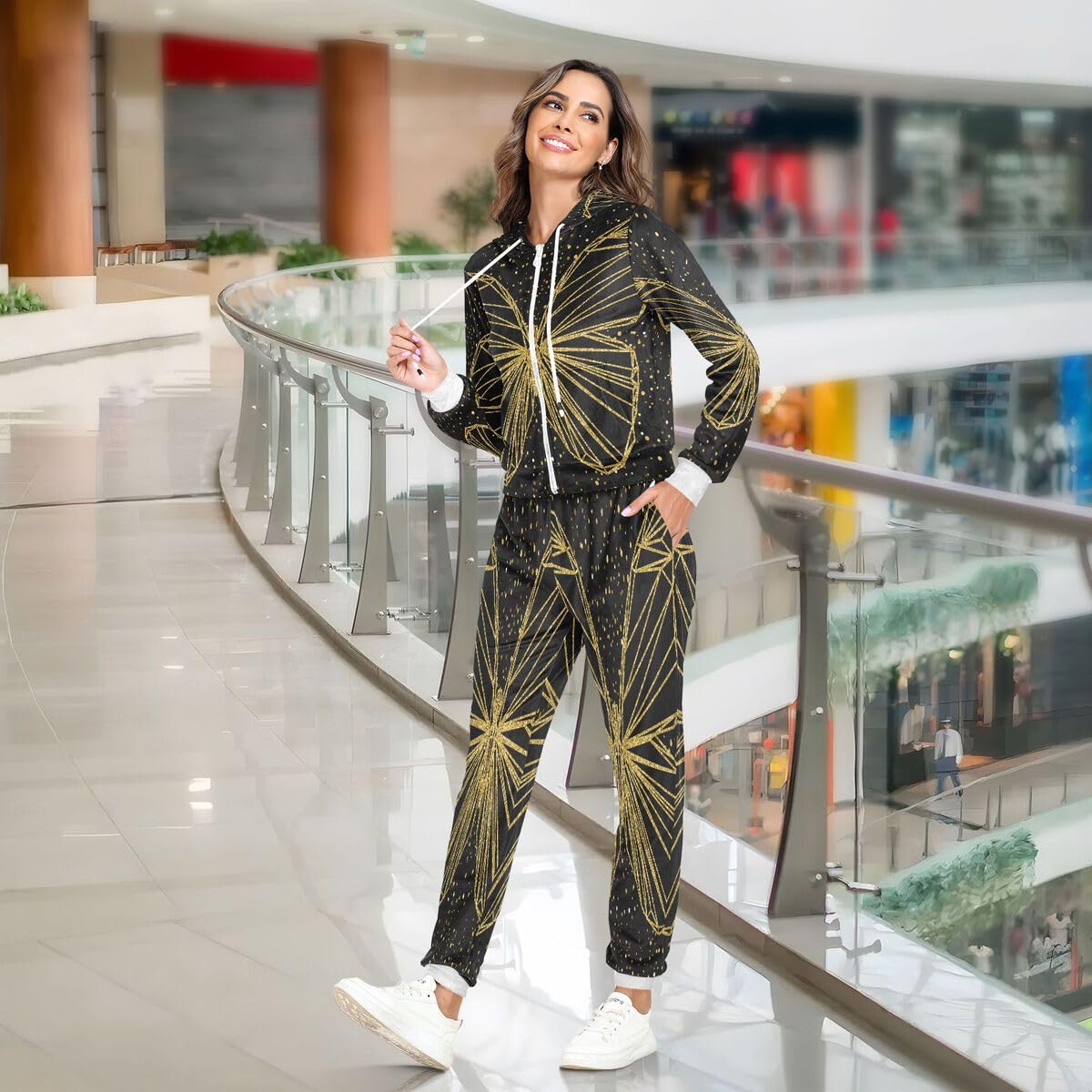 Conjunto deportivo de 2 piezas para mujer, diseño abstracto de mariposa dorada, conjunto deportivo de manga larga con estampado de animales