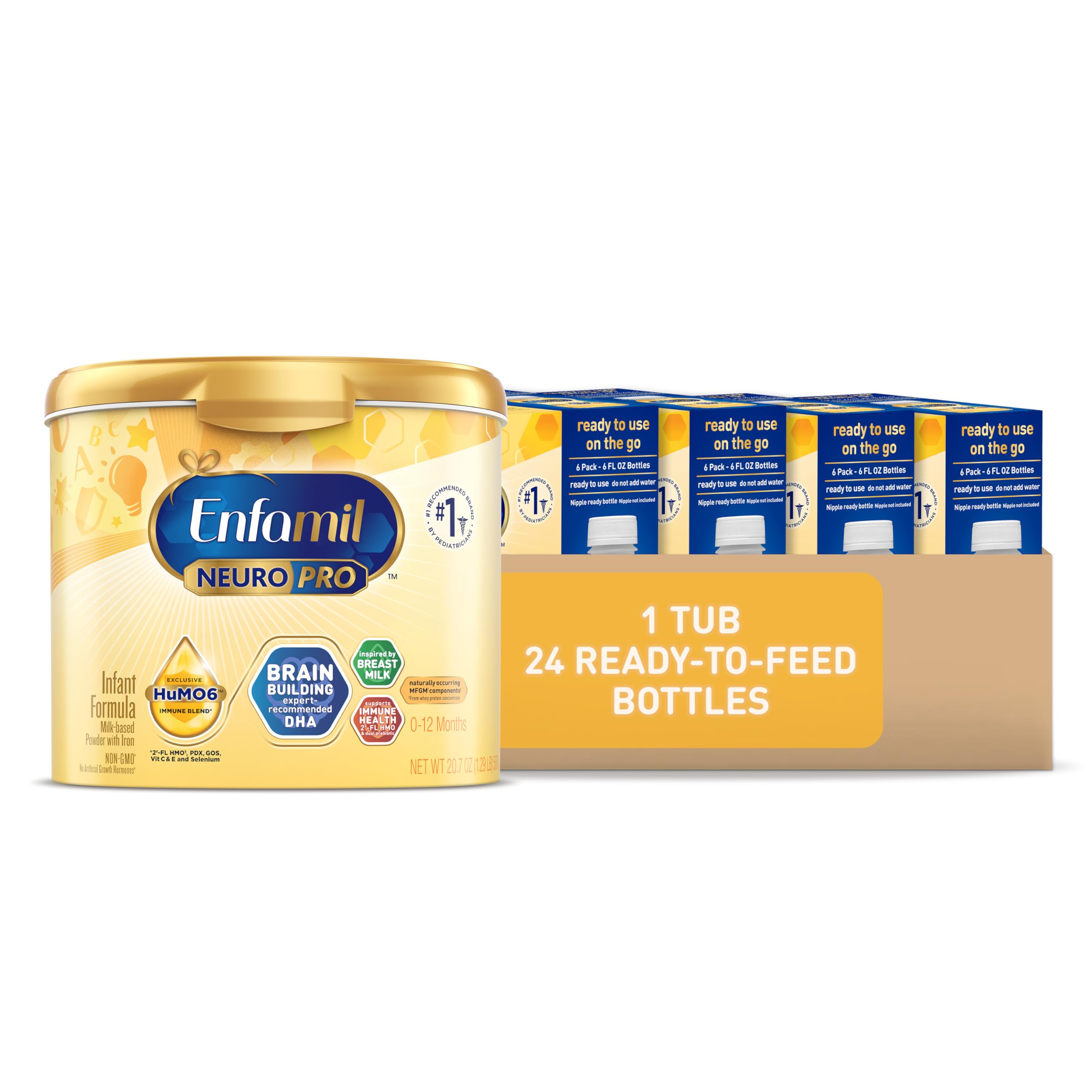 Enfamil NeuroPro Baby Formula, Infant Formula Nutrition, Triple Prebiotic Immune Blend, 2'FL HMO, & Non-GMO, Powder Tub, 20.7 Oz + Ready-to-Feed Infant Formula, Liquid, 2 Fl Oz, 6 Count (Pack of 4)