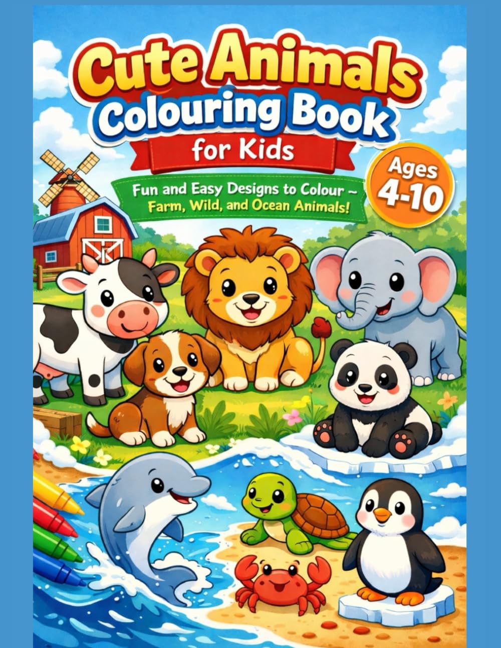 Cute Animals Colouring Book for Kids: Fun and Easy Designs to Colour – Farm, Wild, and Ocean Animals – Ages 4–10