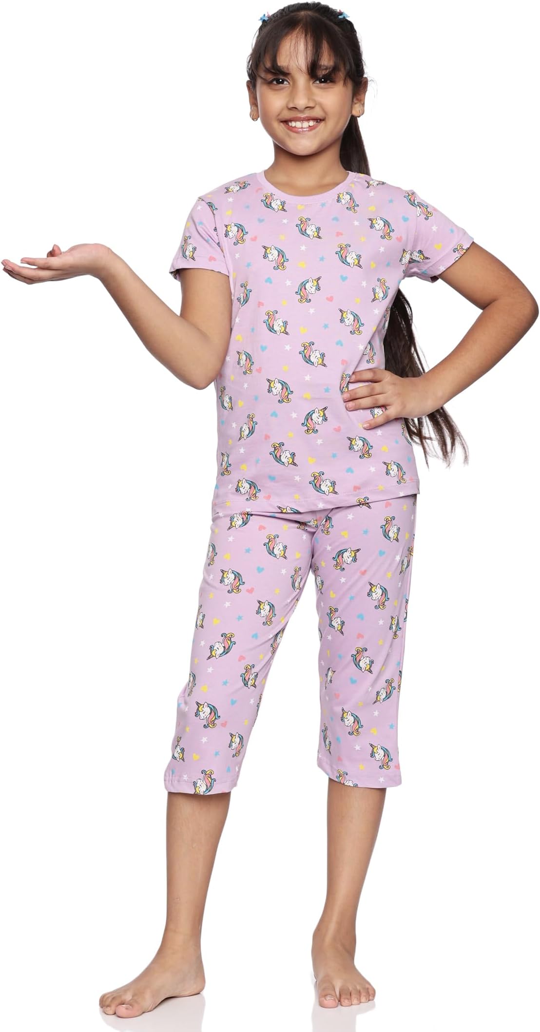 Girls 100% Cotton Co-ord Set | Half Sleeve Top & Capri Pants for Kids | Comfortable & Stylish Nightwear Set | Premium Kids Clothing Pajamas Set for Ages 2–16 Years