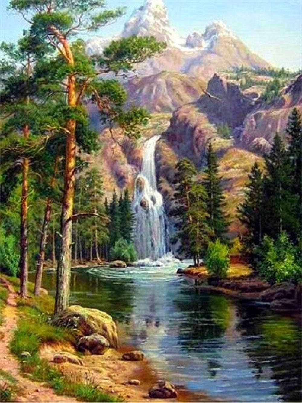 5D Diamond Painting By Number Kit For Adults, Diy Full Drill Cross Stitch Arts Craft，Beautiful Scenery Of Big Mountain Waterfall And Lake，For Relaxation And Canvas Home Wall Decor