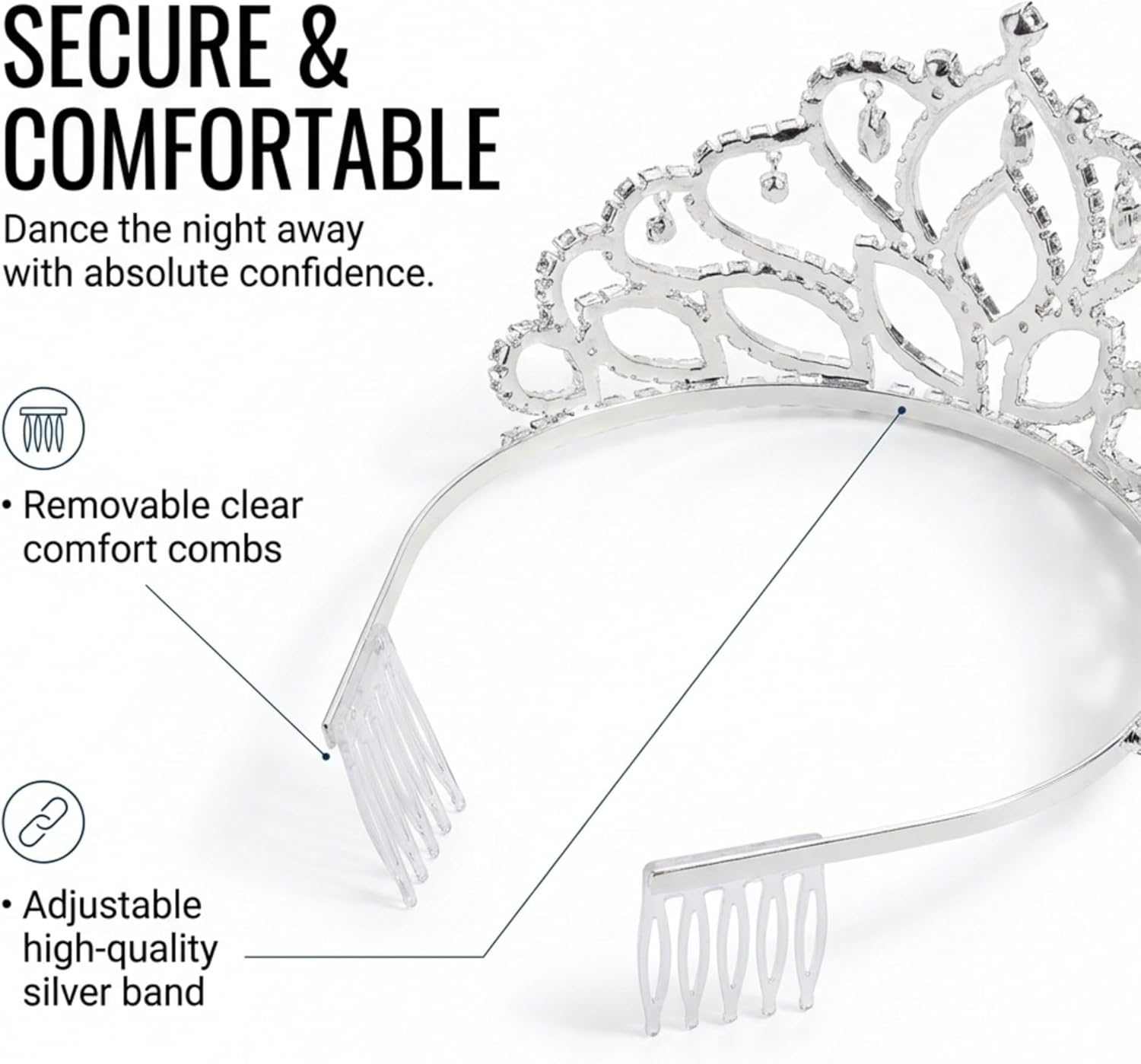 Anderson’s Mirabella Rhinestone Tiara, 2 7/8" High Silver Band Crown with Sparkling Clear Gemstones, Adjustable Fit with Removable Combs, Elegant Accessory for Weddings, Prom Queen, Homecoming, Pageants, Quinceañeras, and Sweet 16 Celebrations