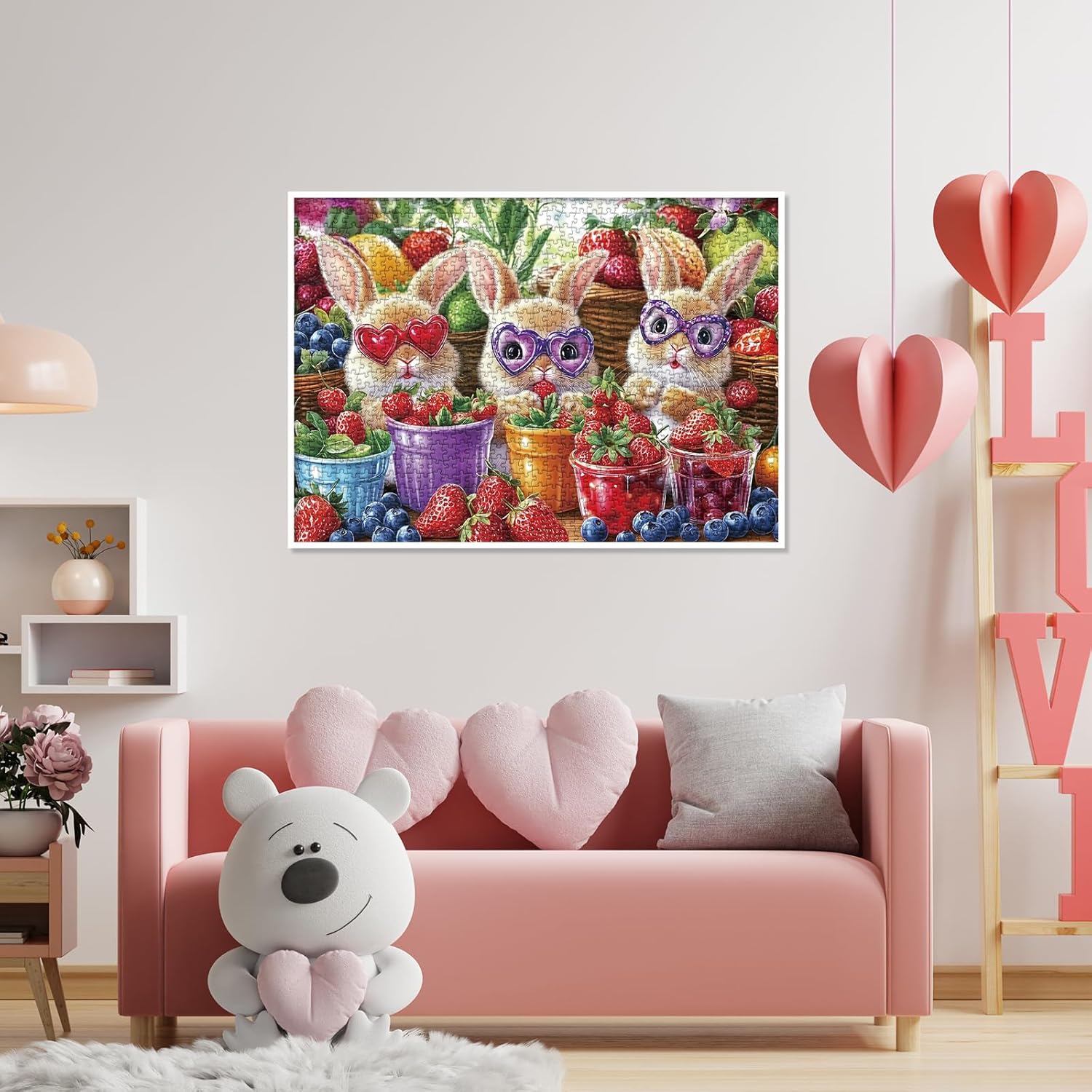 Funny Bunny Puzzles for Adults 1000 Pieces, Cute Rabbit Strawberry Love Jigsaw Puzzles, Magic Animal Fruit Art Impossible Hard Difficult Challenging Puzzle