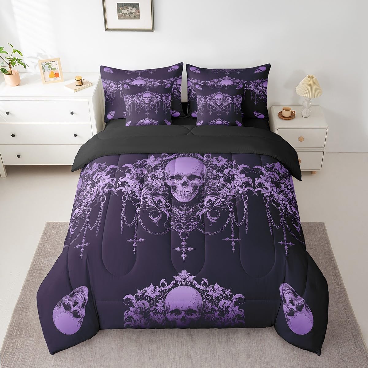 Erosebridal Gothic Bed in a Bag King Size Comforter Set 7 Pieces,Goth Sugar Skull Purple Damask Bedding Set,Bohemian Vintage Floral Comforter and Sheet Set,Exotic Antique Victorian Baroque Decor
