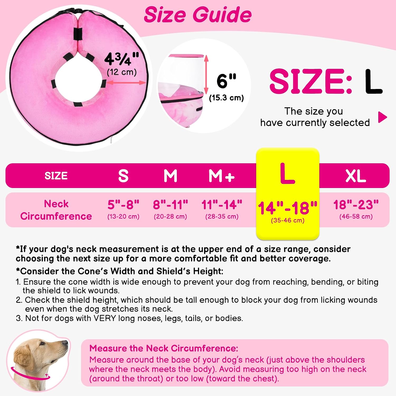 Inflatable Dog Cone for Large Dog with Adjustable Snap-on Guard | Protective Dog Surgery Donut Collar, Stop Licking Biting Wound, Patented Cone with Clear Shield, Blow-up Collar for Recovery