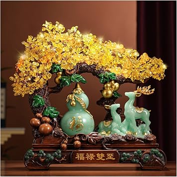 Feng Shui Money Tree Lucky Calabash Citrine Crystal Tree - Prosperity Gourd and Deer Figurines for Wealth Attraction, Feng Shui Decorative Piece for Home or Office Crystal Bonsai TreeGreen,Small