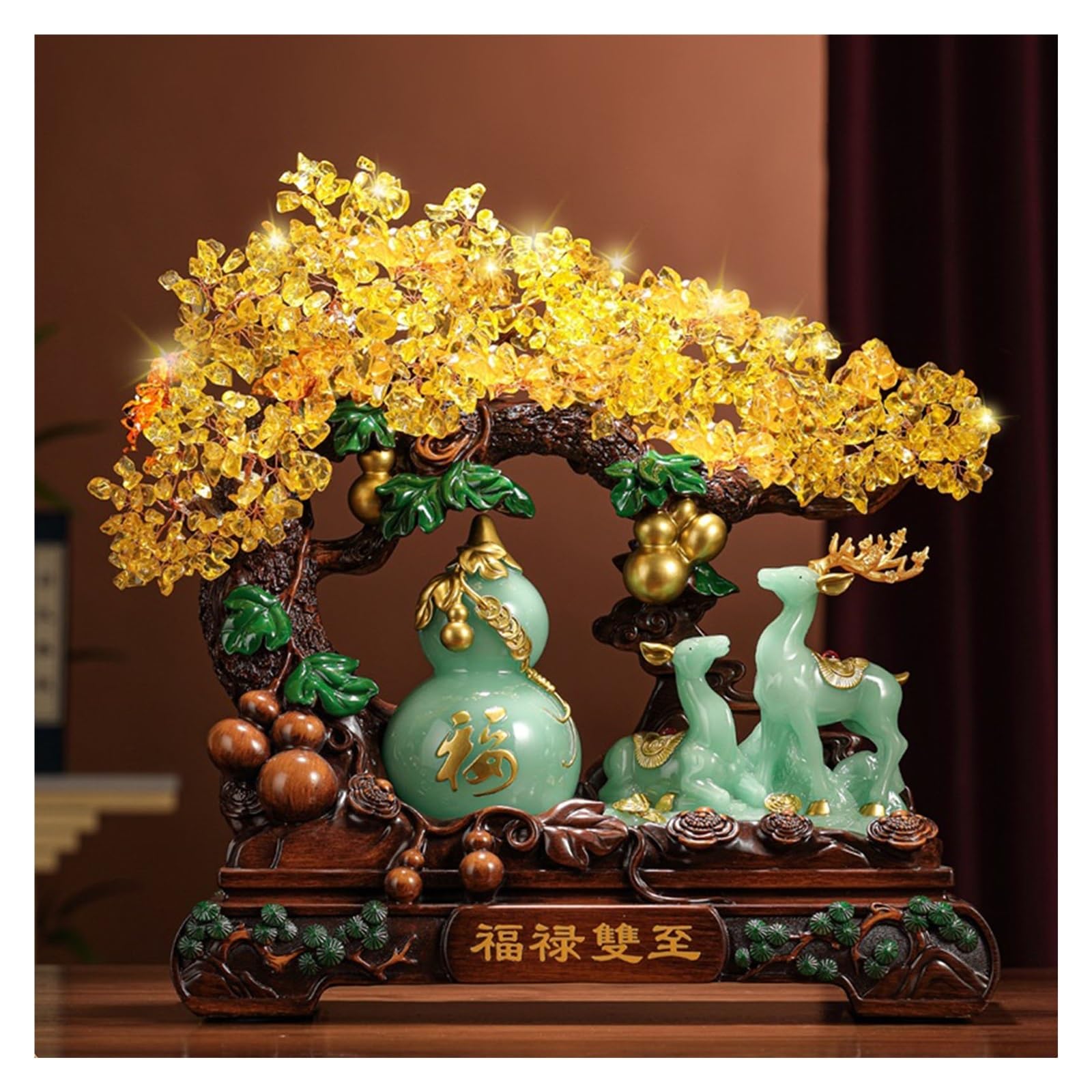 Home Decor Lucky Calabash Citrine Crystal Tree - Prosperity Gourd and Deer Figurines for Wealth Attraction, Feng Shui Decorative Piece for Home or Office Bonsai(Green,Large)