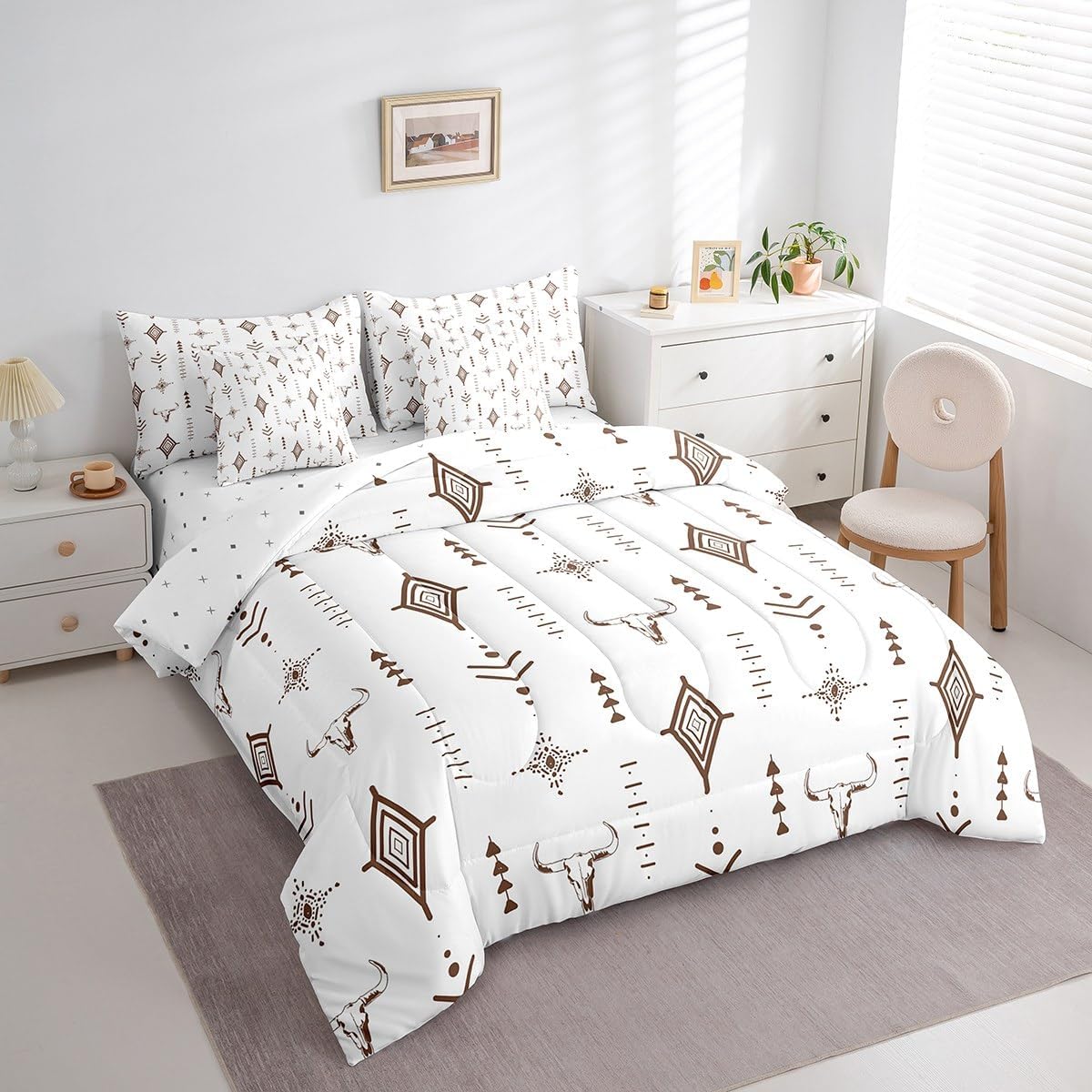 Feelyou Bull Skull Western Comforter Set with Sheets Boho Ethnic Horns 7 Piece Bedding Set King Size for Kids Adult Brown White Tribal Symbol Mysterious Aztec Bed in a Bag