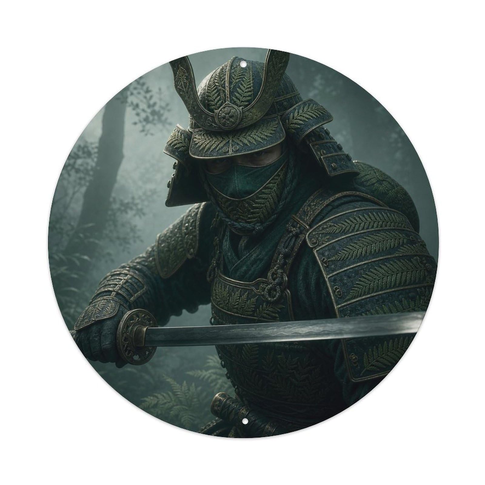 Samurai Warrior Teal Mist Forest Stealth Hunter Vintage Metal Tin Sign Plaque Wall Decor for Cafe, Club Bar, Office, Garden Metal Poster 8x8Inch