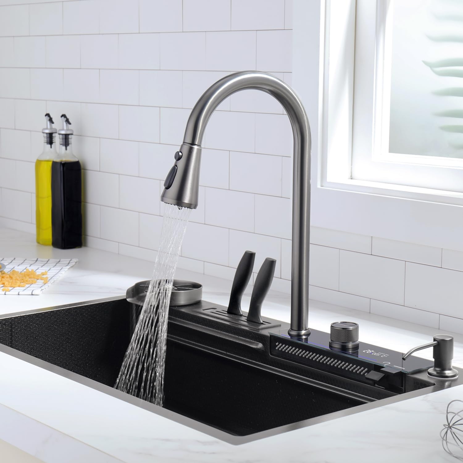 Lefton 33" x 22" 304 Stainless Steel Waterfall Kitchen Sink Set with Pull-down Faucet, Knife Holder, Drain Basket, Inside-Basin, and Cutting Board, Temperature Display, Grey, KS2205L