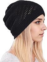 ROBOHOOK Women's Crochet Beanie Hat - Breathable Hollow Mesh Summer Slouchy Knit, Adjustable Soft Acrylic Beanie (Black)