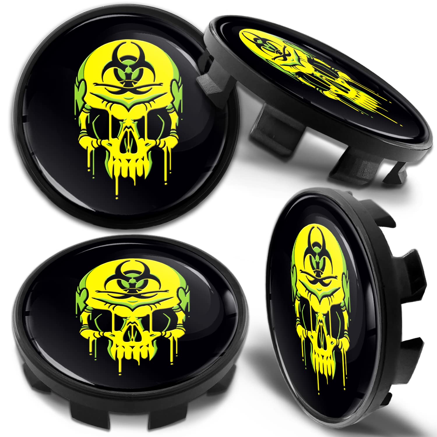 Biomar Labs 4 x 68mm Wheel Centre Alloy Hub Center Caps Compatible with BMW 36136783536 Hubcaps Black Yellow Skull CB 56