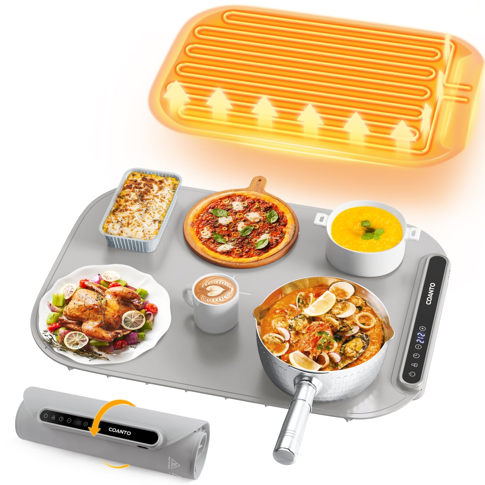 Coanto Food Warming Mat, Electric Warming Tray for Buffets & Parties, Silicone Heating Mat with 7 Temperature Settings, Roll-Up Storage, 17.91"x12.8", Light Grey