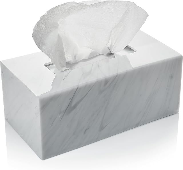 Acrylic Tissue Box Holder, Clear Tissue Box Dispenser for Facial Tissue, Napkins, Dryer Sheets. Perfect Cover for Bathroom, Desks, Countertops, Vanity, Bedroom, Night Stands (Rectangle, Marble)