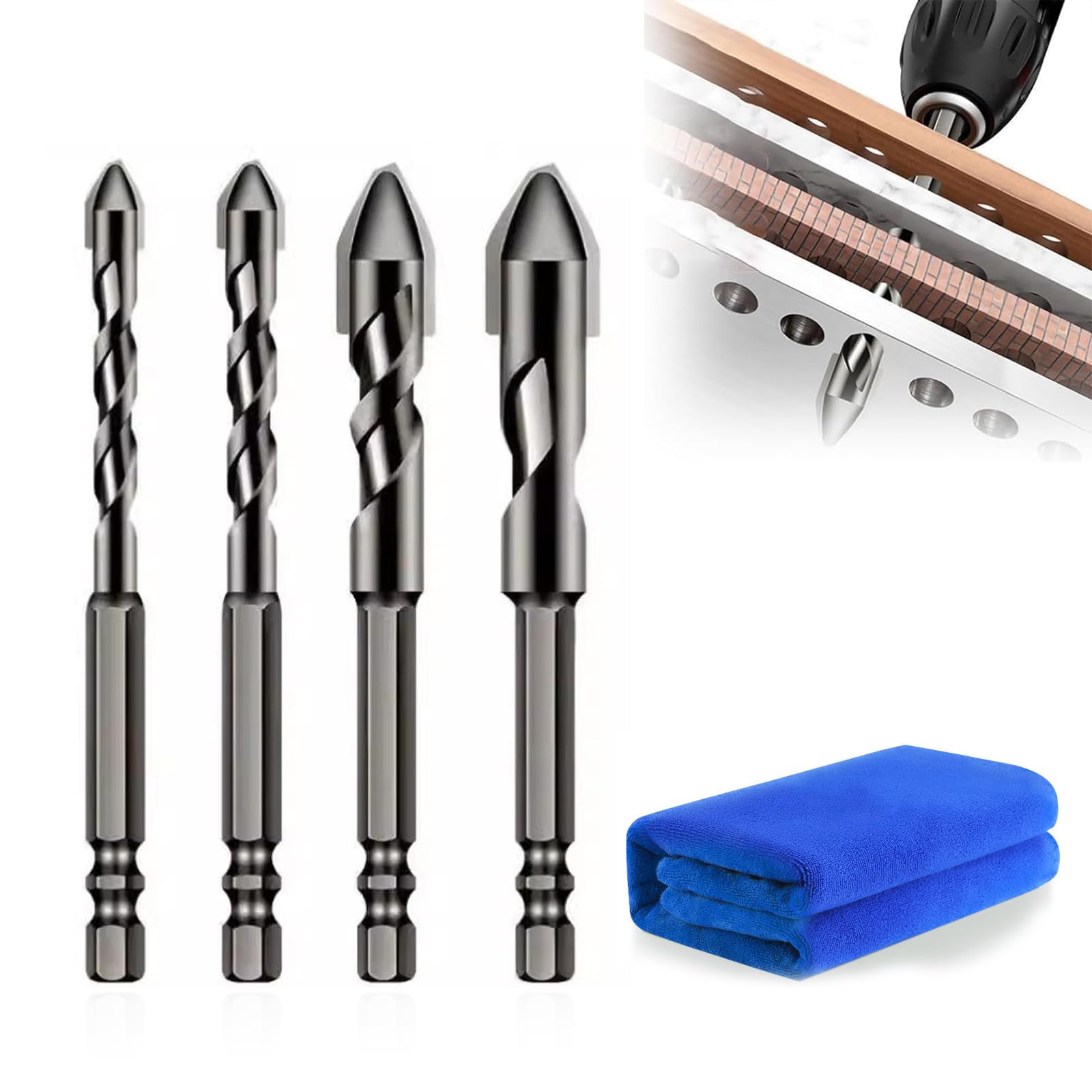 4 Pieces High-Strength Eccentric Twist Drill Bit Eccentric Twist Drill Bit Mortice Drill Bit Set 6/8/10/12mm Suitable for Brick Plastic Ceramic Tile Cement Glass(With 1 rag)