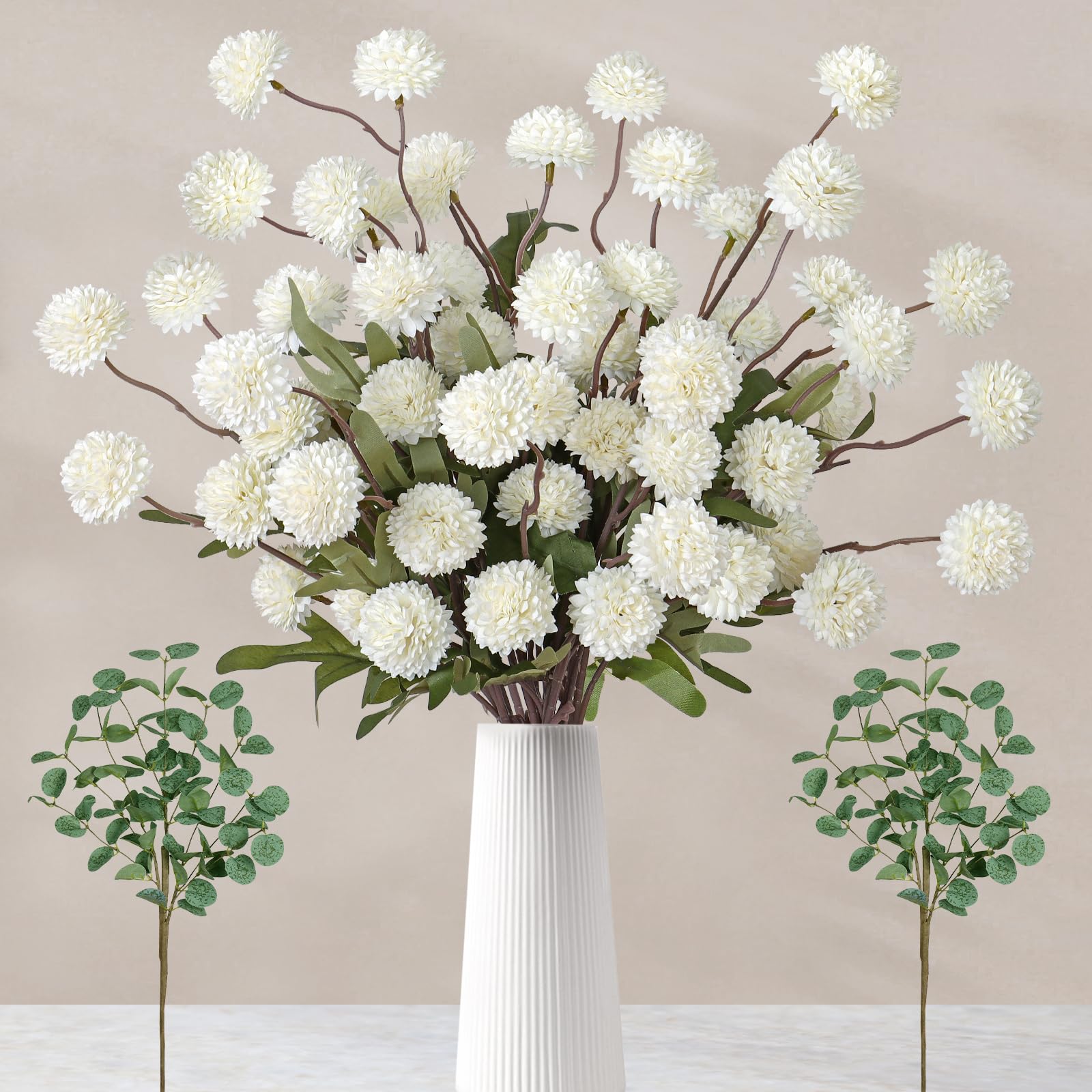 Fiori artificiali + eucalipto, finto fiore Kiku bianco, 12 fiori di seta mini crisantemo composizioni floreali, ortensia artificiale, fiori realistici, composizioni floreali centrotavola