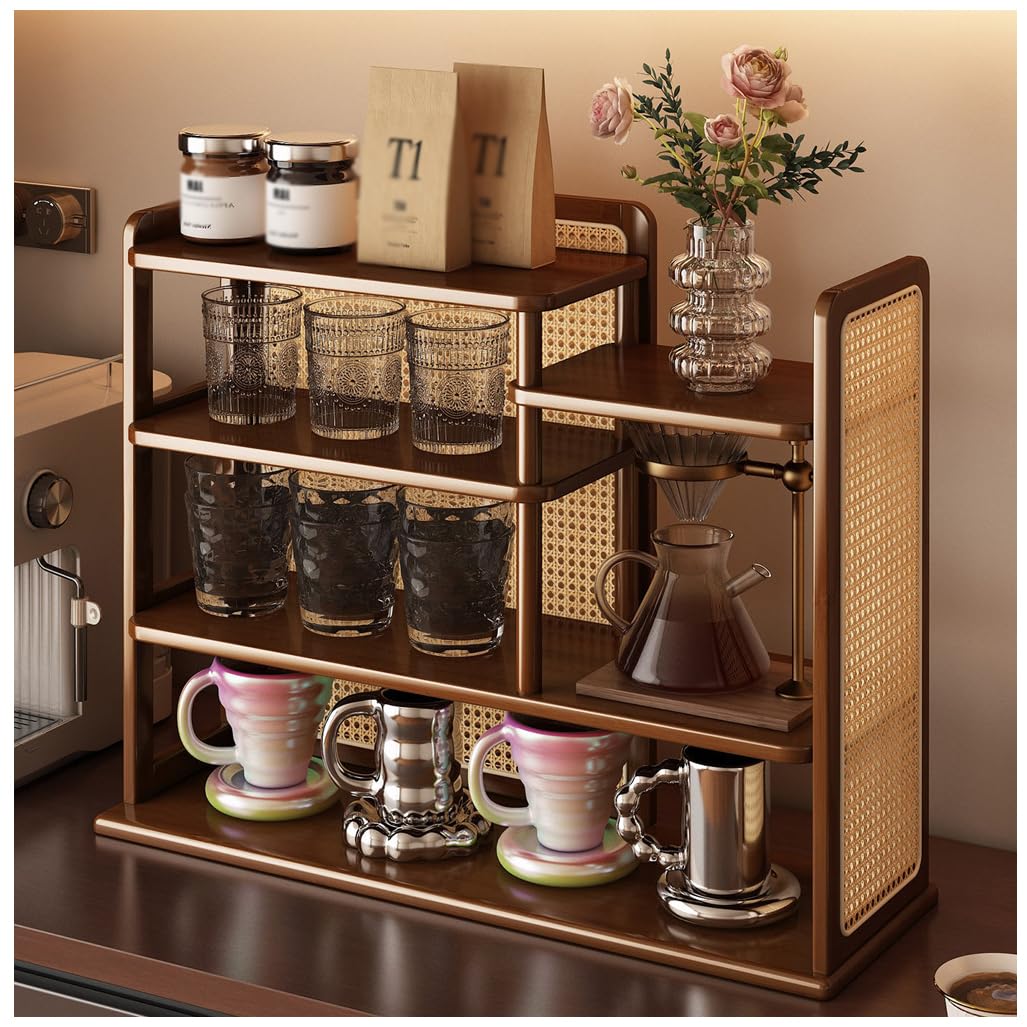 QDZC 4-Tier Wood Coffee Mug Display Rack, Plastic Rattan Wooden Countertop Spice Jar Organizer Small Cup Holder Kitchen Storage Shelf for Office Home Furnishing 50cm