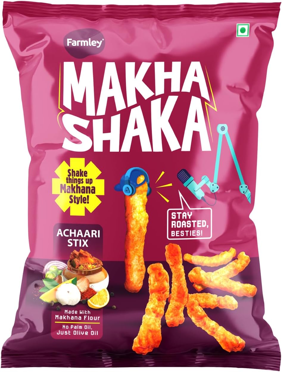 Makha Shaka Achari Stix Farmley Pillow Pouch 33 g I Healthy Snacks | Namkeen Snacks I Puffed Snacks | Roasted in Olive Oil - 33 g