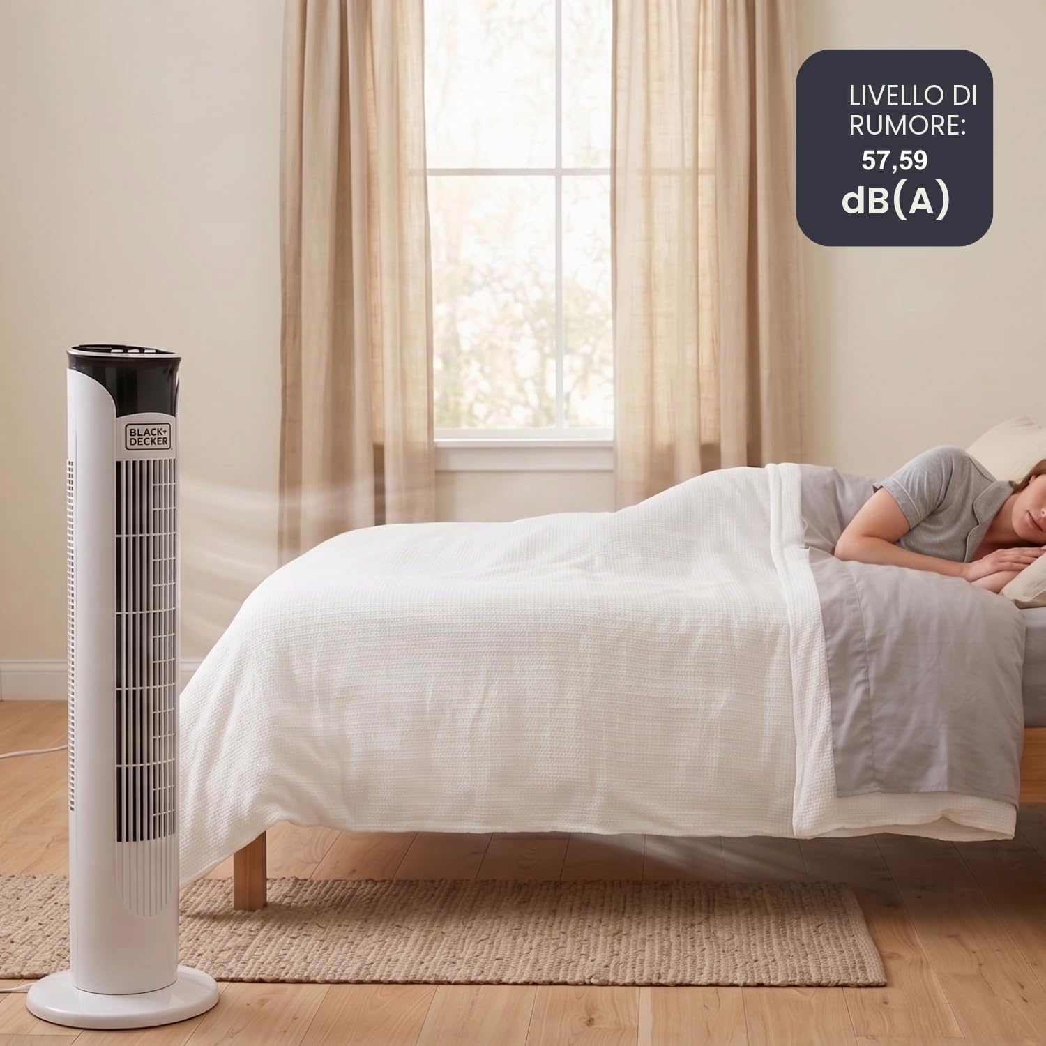 BLACK+DECKER - Ventilatore a torre 45W BXEFT47E | 81 cm | Oscillante e silenzioso | 3 velocità | Timer 2h | Base antiscivolo | Maniglia | Flusso d'aria potente | Bianco