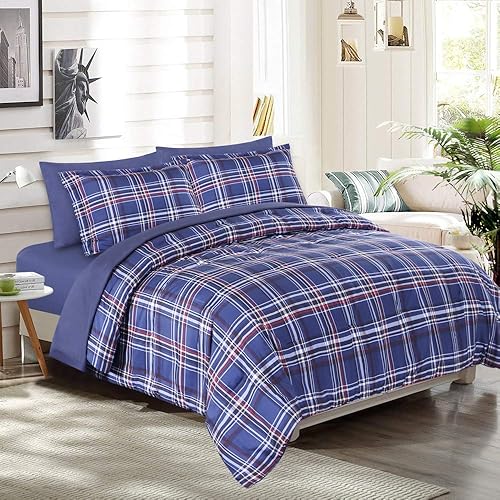 EMME King Plaid Comforter Set with Sheets Bed in Ai Bag 7-Piece, Brushed Microfiber Goose Down Alternative Bedding Set, Soft Comfortable Bed Set for All Season (King, Blue Plaid)