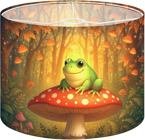 Pantalla de lámpara divertida de rana roja, hongos rojos, bosque mágico, pantalla de lámpara de tambor de dibujos animados para lámparas de mesa,