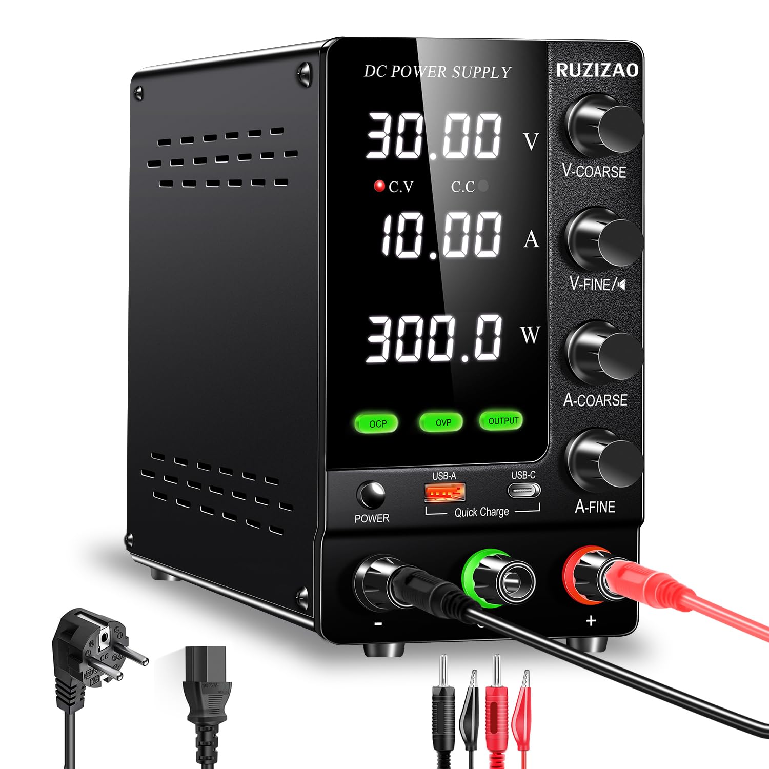 Alimentatore da Laboratorio 30V 10A Alimentatore da Banco con OCP/OVP/Interruttore di Uscita/Encoder/18W USB Carica Rapida, Alimentatore Stabilizzato per Elettronica/Riparazione/Batterie Test
