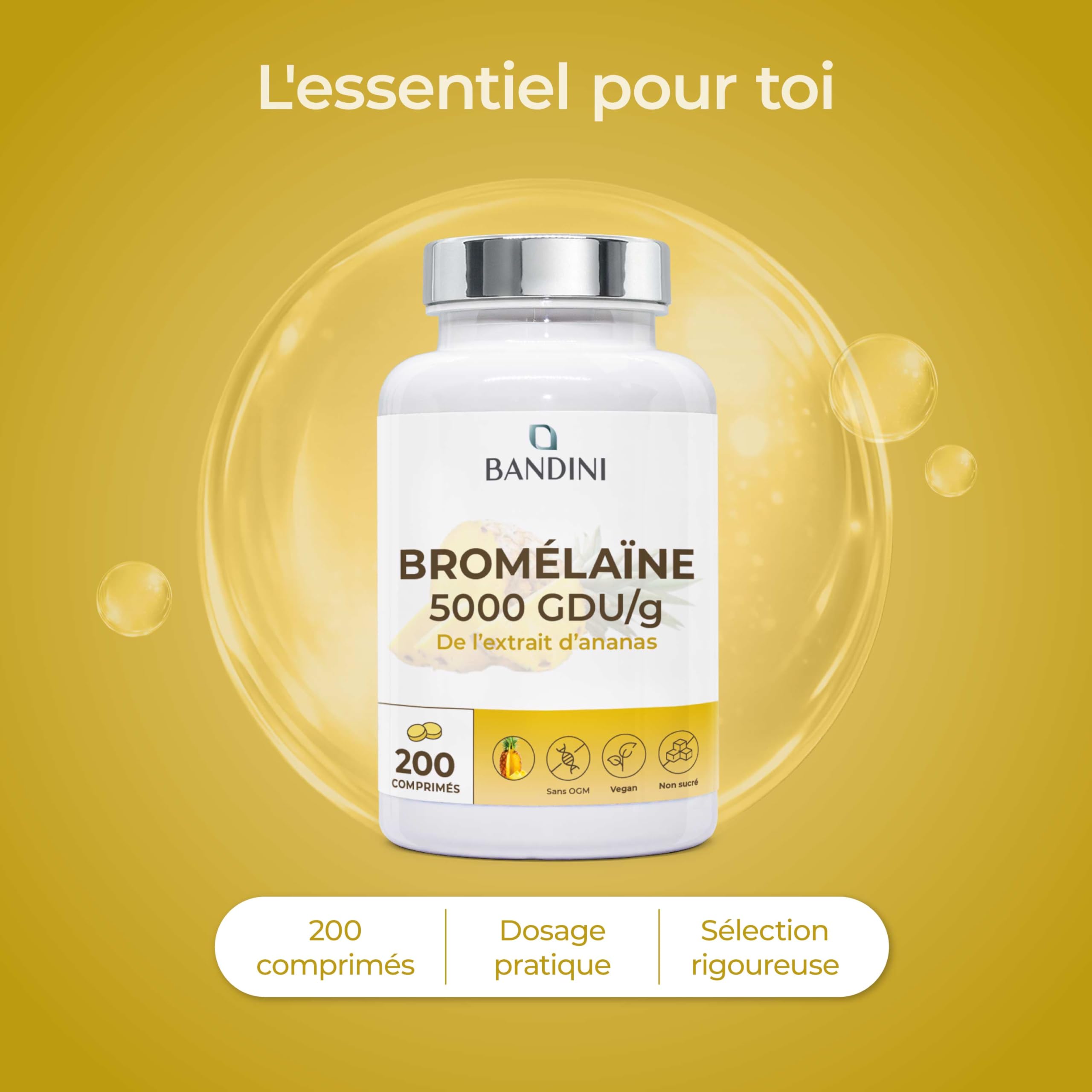 Bandini® Bromélaïne Forte 5000 GDU/g 200 Comprimés Gastro-résistants - Enzyme digestif - Extrait d'ananas - Broméline Strong, pure, hautement dosée, haute absorption, Produit en Italie, 100% Végan