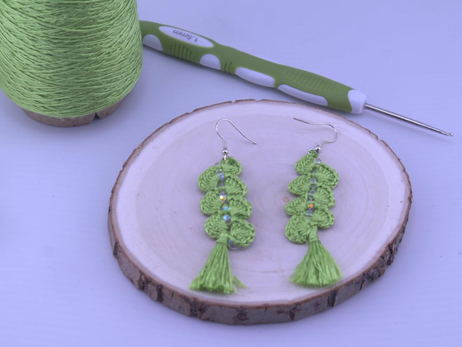 Handmade Green Crochet Tassel Earrings with Crystals, Genuine Thai Silk & Sterling Silver Hooks, Bohemian Dangle Earrings for Women - Image 8