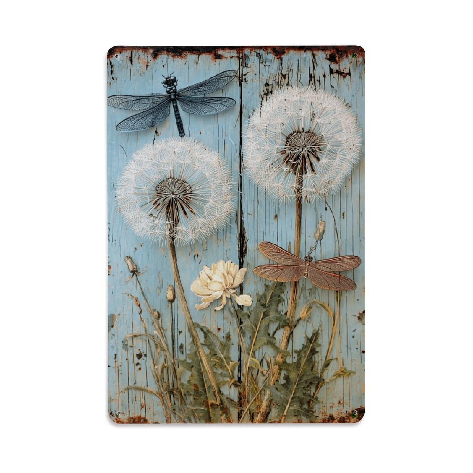 Nestemfo Vintage Dandelion And Dragonfly Art Print Tin Sign Metal Sign, Living Room,Bar, Home, Bedroom Wall Decor,Retro Metal Poster 8X12 Inches